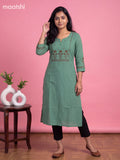 Teal Green Cotton Embroidery Work Straight Kurti