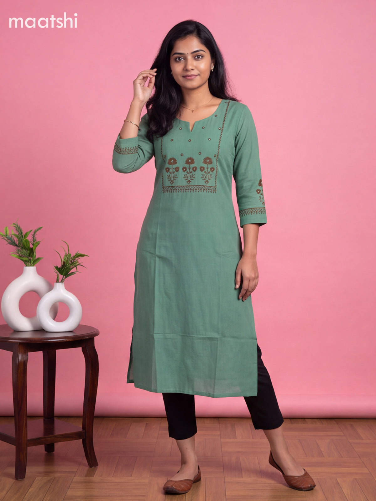 Teal Green Cotton Embroidery Work Straight Kurti