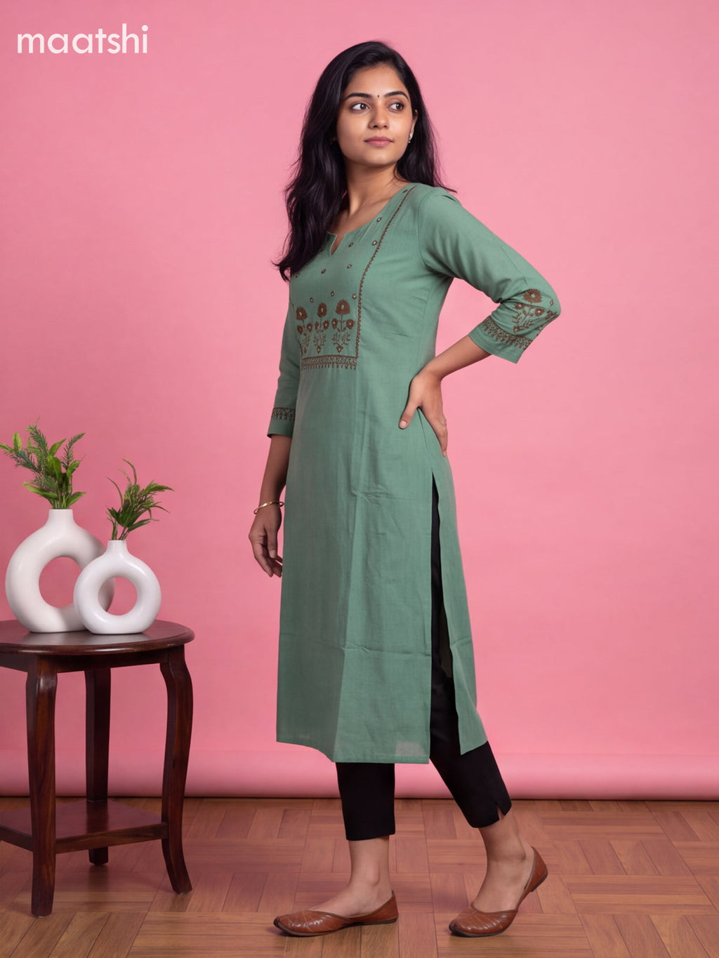 Teal Green Cotton Embroidery Work Straight Kurti