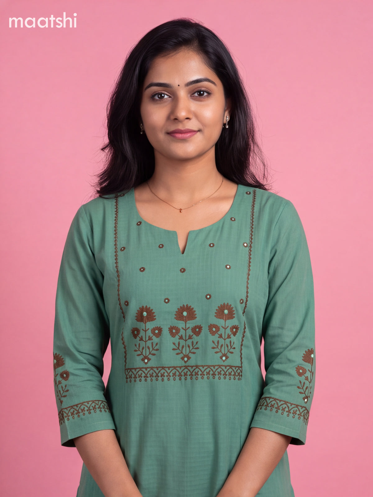 Teal Green Cotton Embroidery Work Straight Kurti