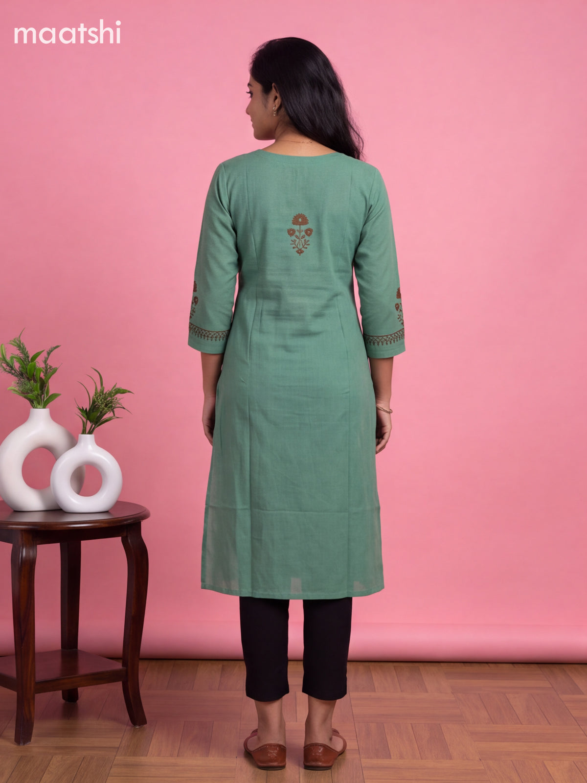 Teal Green Cotton Embroidery Work Straight Kurti