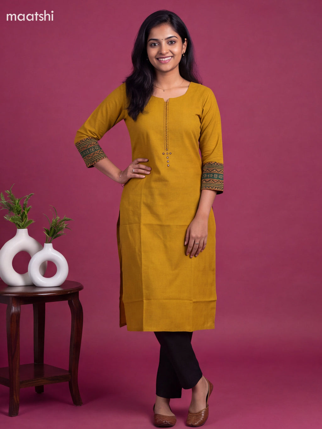 Yellow Cotton Embroidery Work Straight Kurti