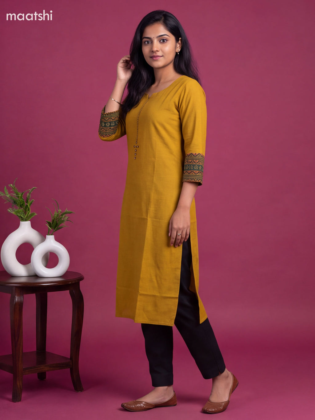 Yellow Cotton Embroidery Work Straight Kurti
