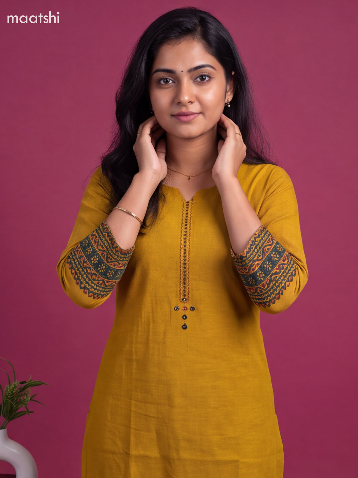 Yellow Cotton Embroidery Work Straight Kurti
