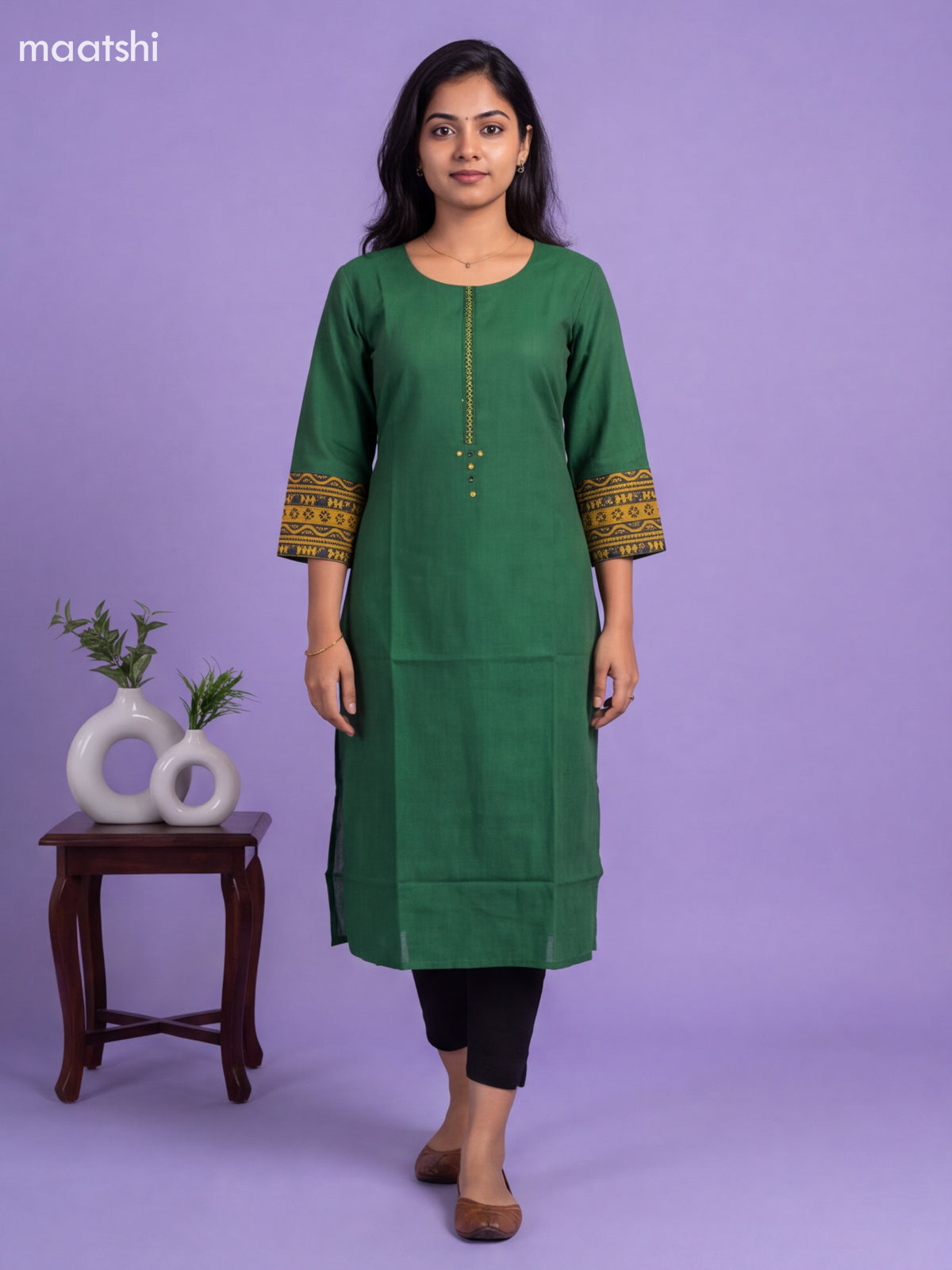 Green Cotton Embroidery Work Straight Kurti
