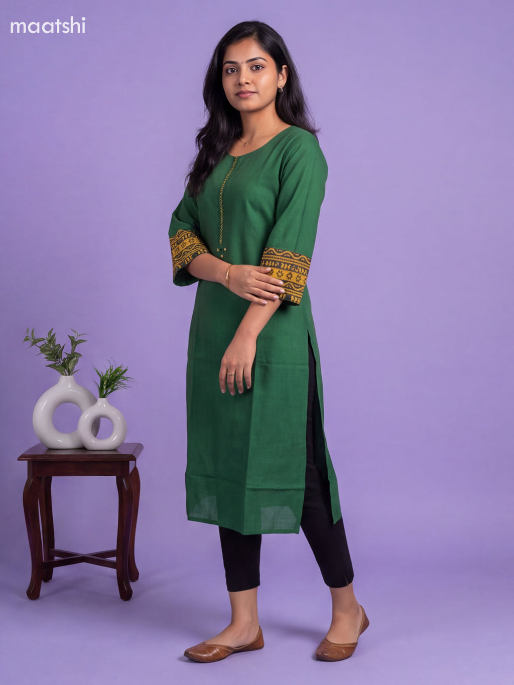 Green Cotton Embroidery Work Straight Kurti
