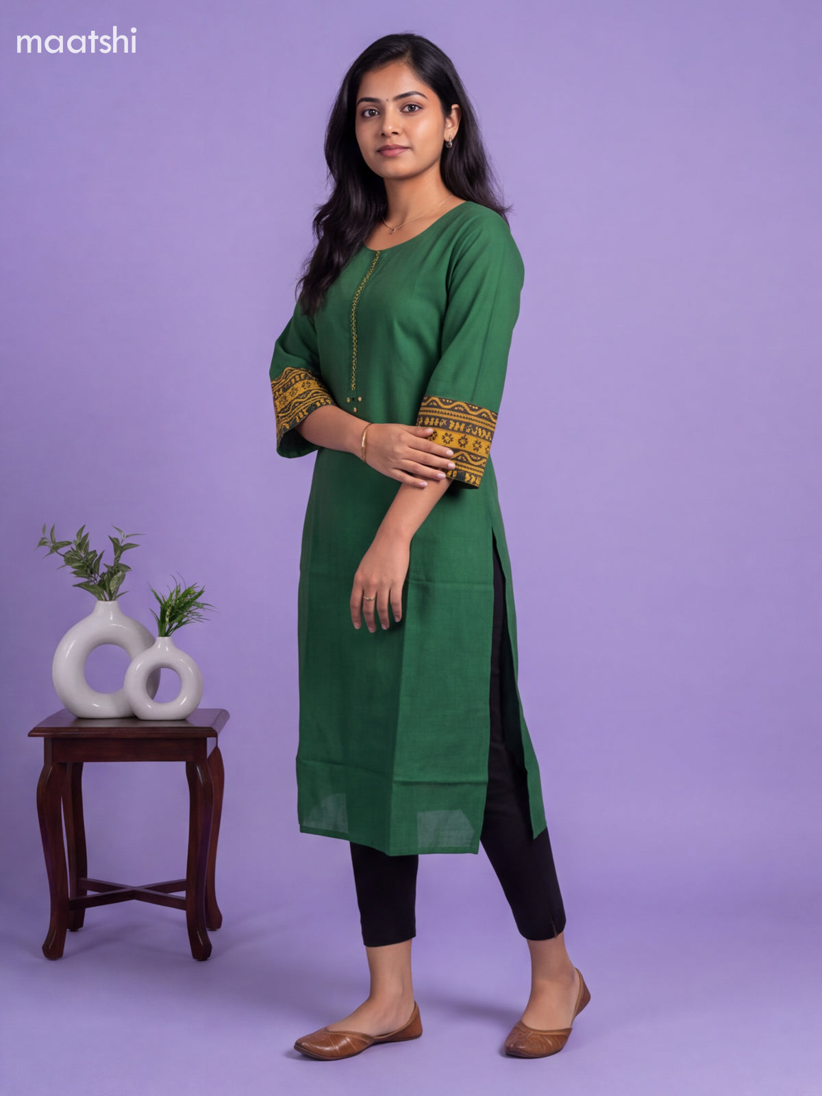 Green Cotton Embroidery Work Straight Kurti