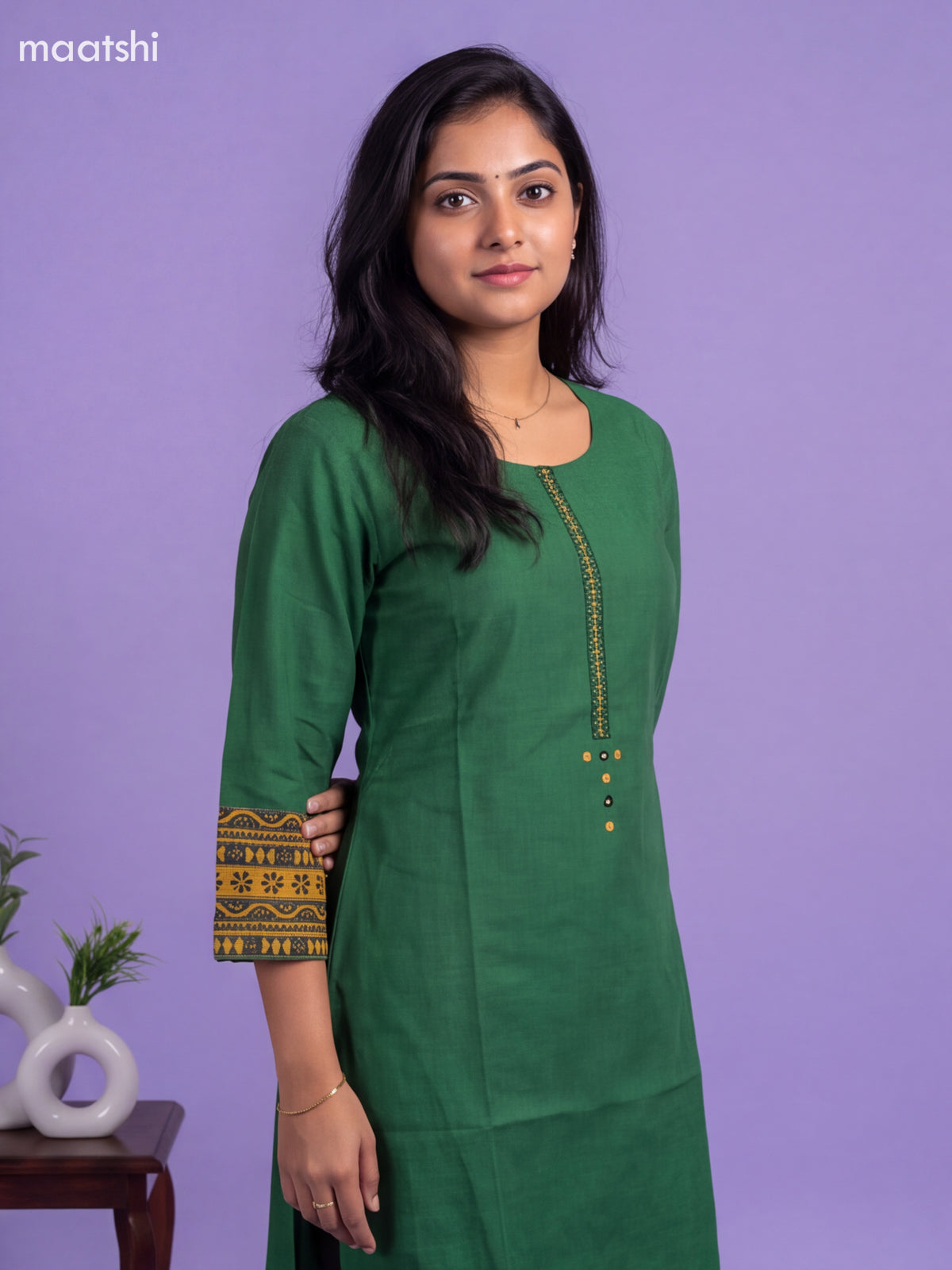 Green Cotton Embroidery Work Straight Kurti