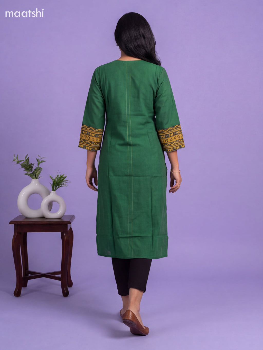Green Cotton Embroidery Work Straight Kurti
