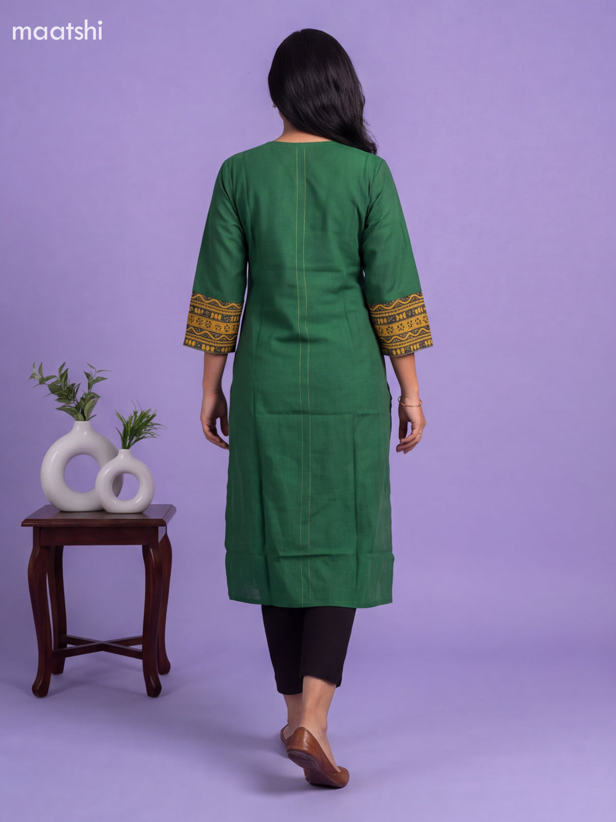 Green Cotton Embroidery Work Straight Kurti
