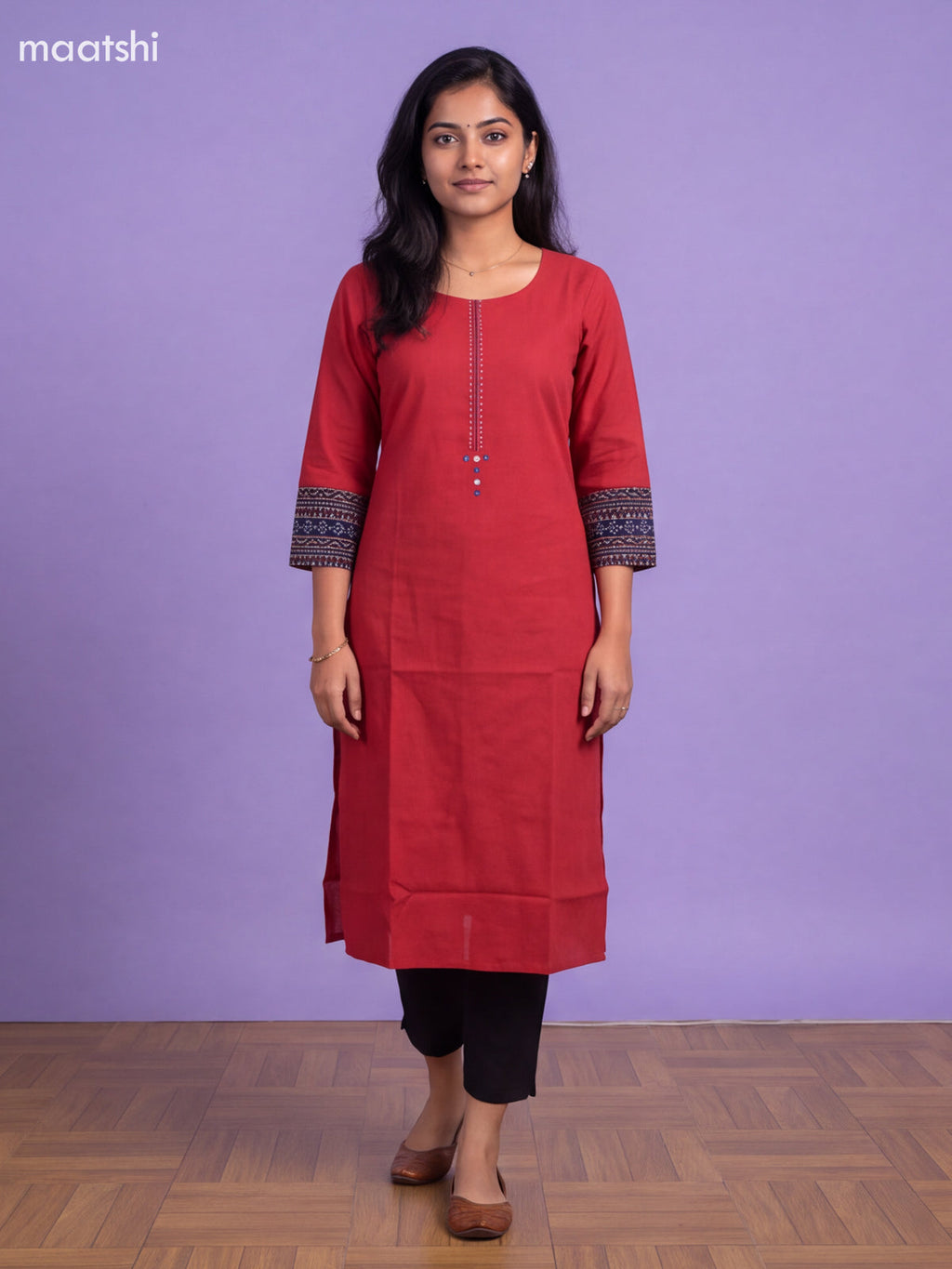 Red Cotton Embroidery Work Straight Kurti