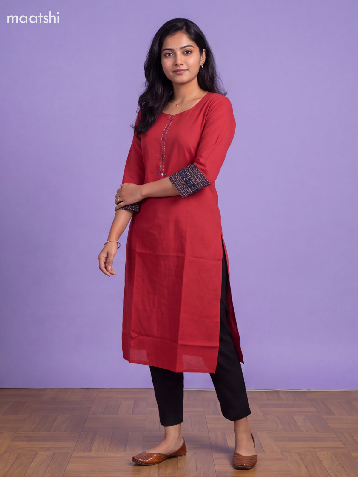 Red Cotton Embroidery Work Straight Kurti