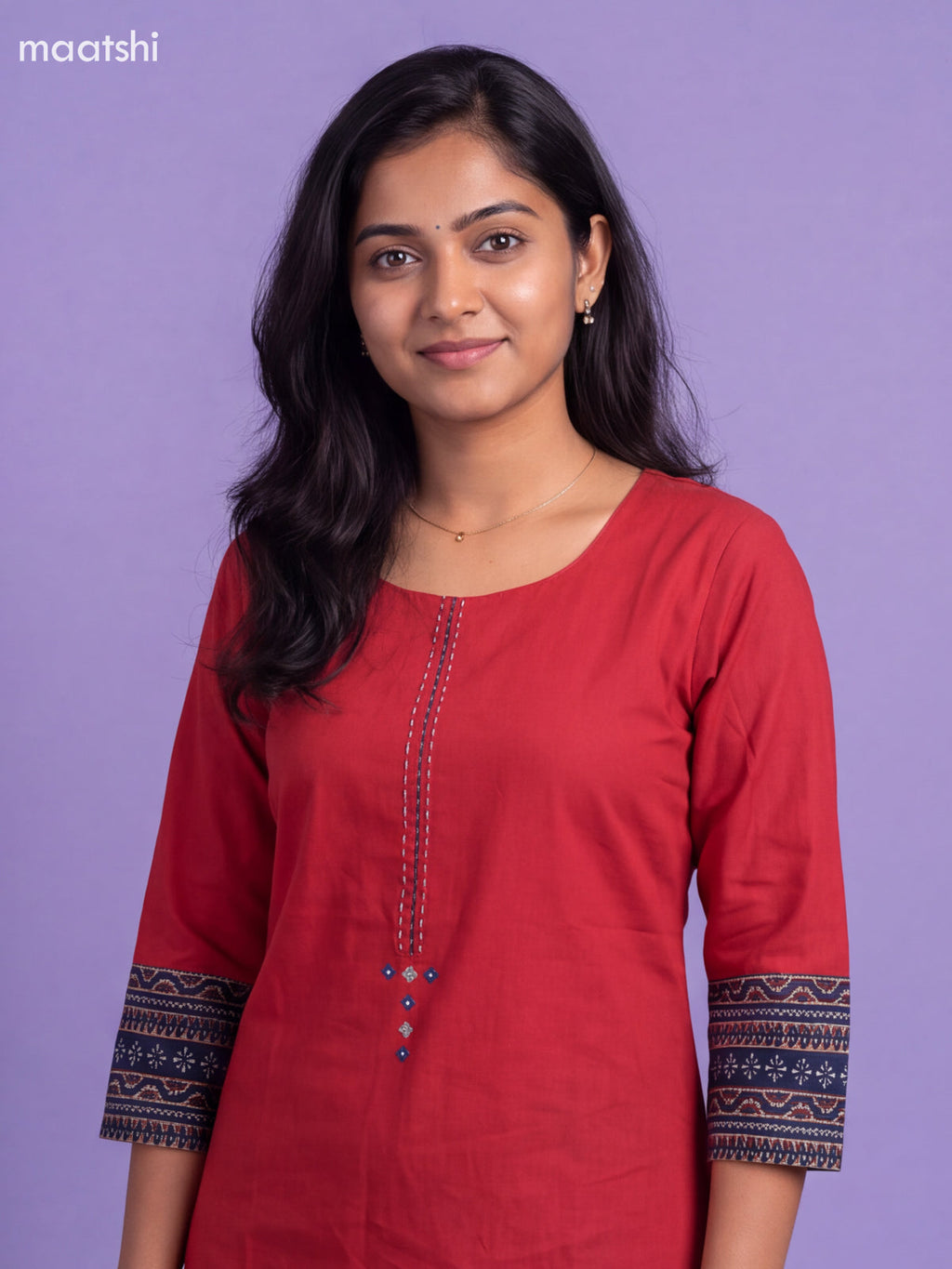 Red Cotton Embroidery Work Straight Kurti