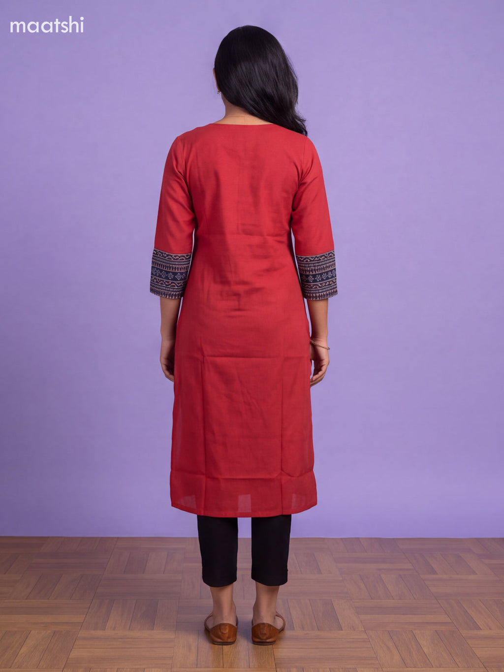Red Cotton Embroidery Work Straight Kurti