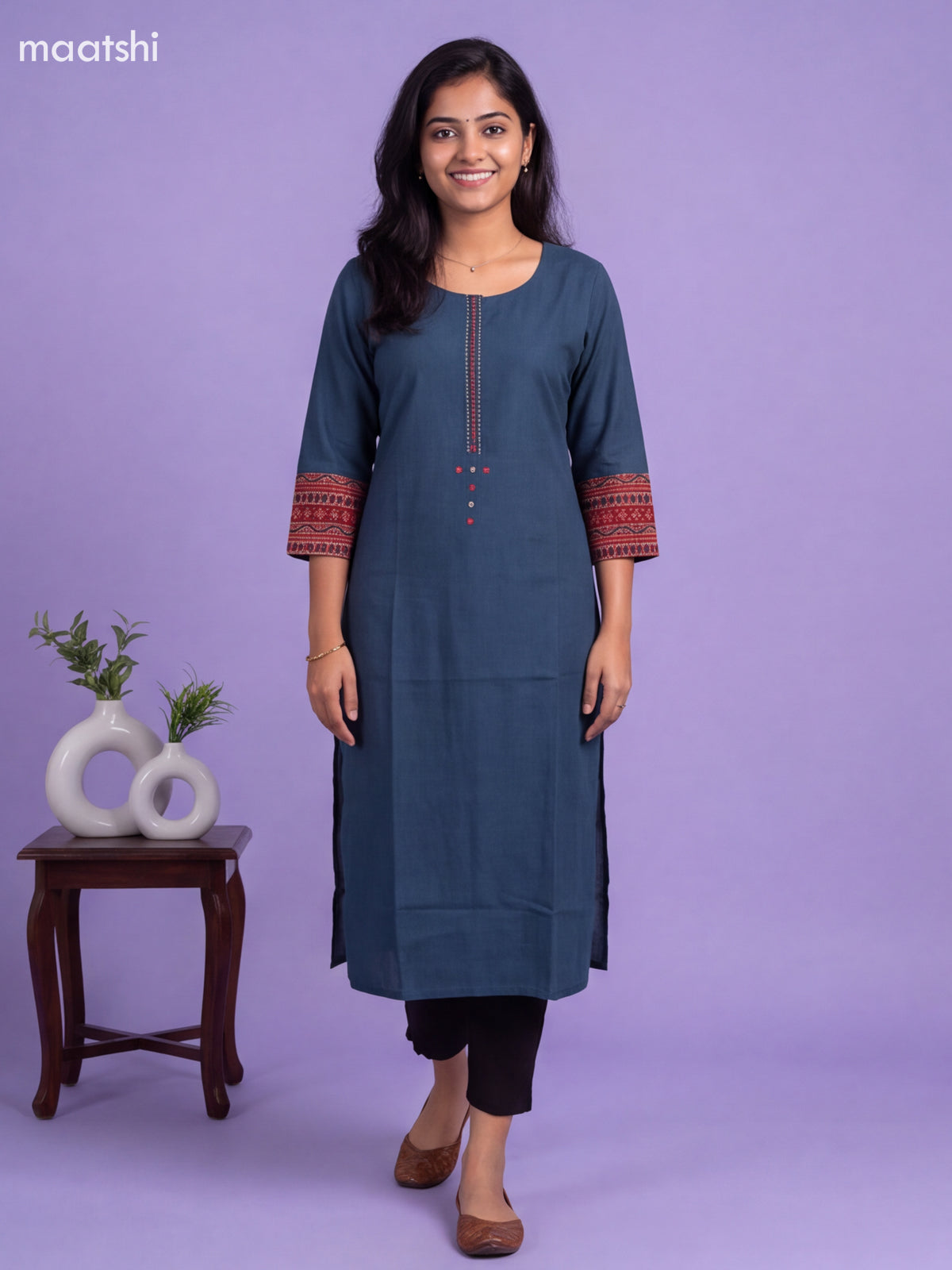 Peacock Blue Cotton Embroidery Work Straight Kurti