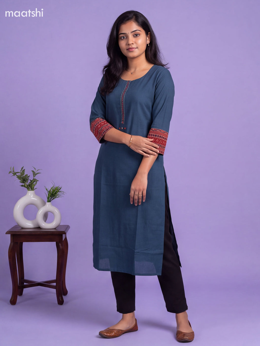 Peacock Blue Cotton Embroidery Work Straight Kurti