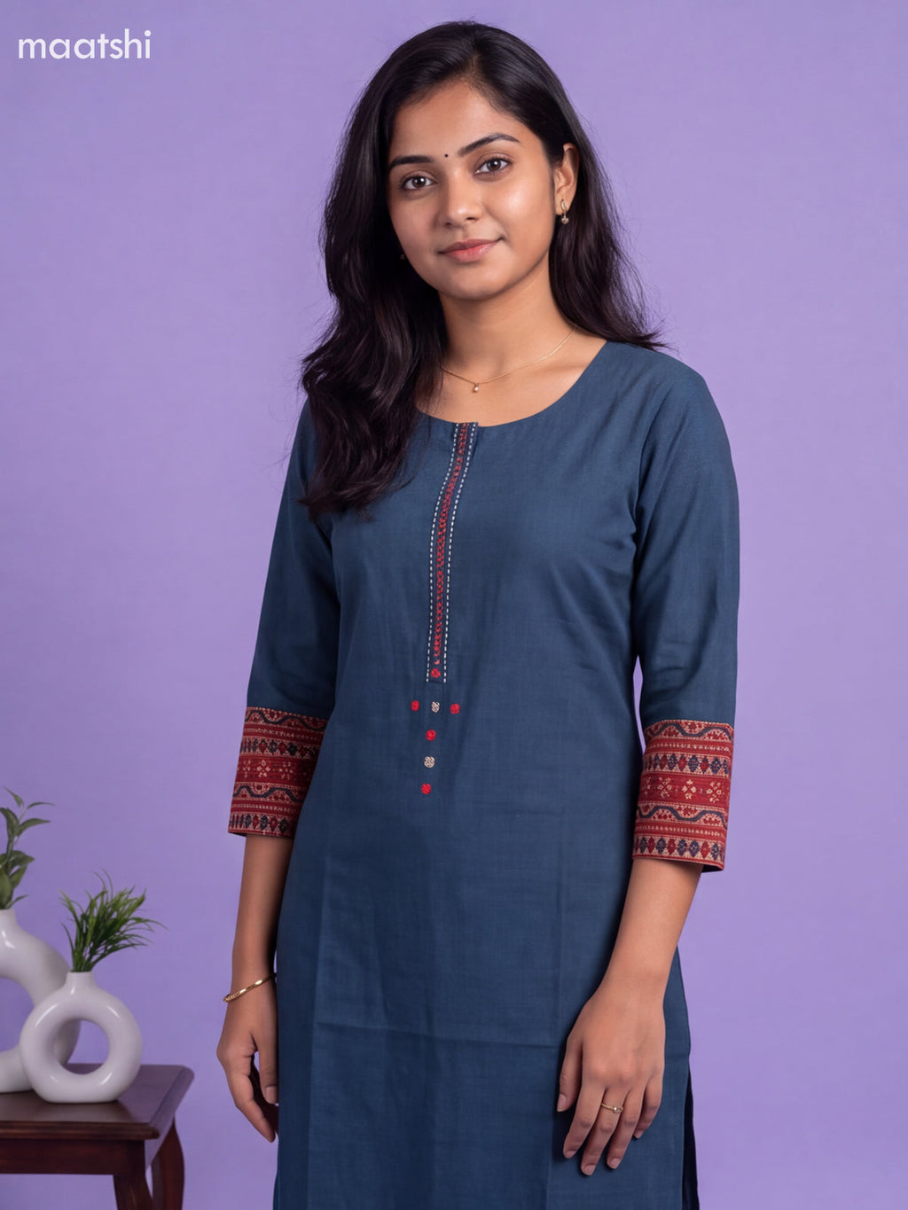 Peacock Blue Cotton Embroidery Work Straight Kurti