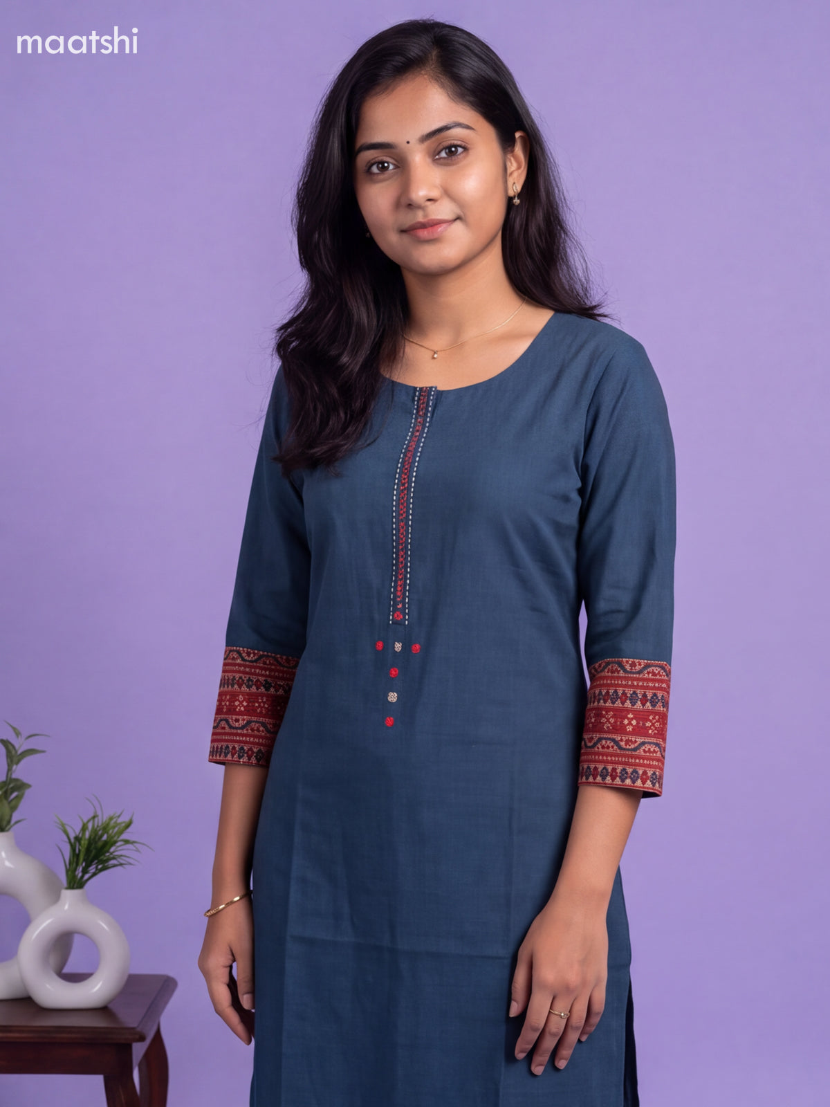 Peacock Blue Cotton Embroidery Work Straight Kurti