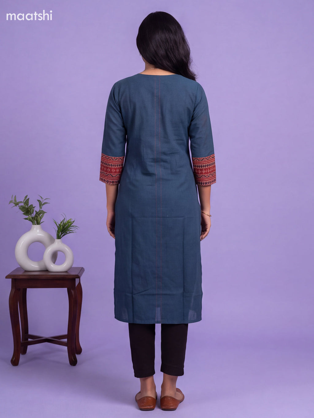 Peacock Blue Cotton Embroidery Work Straight Kurti