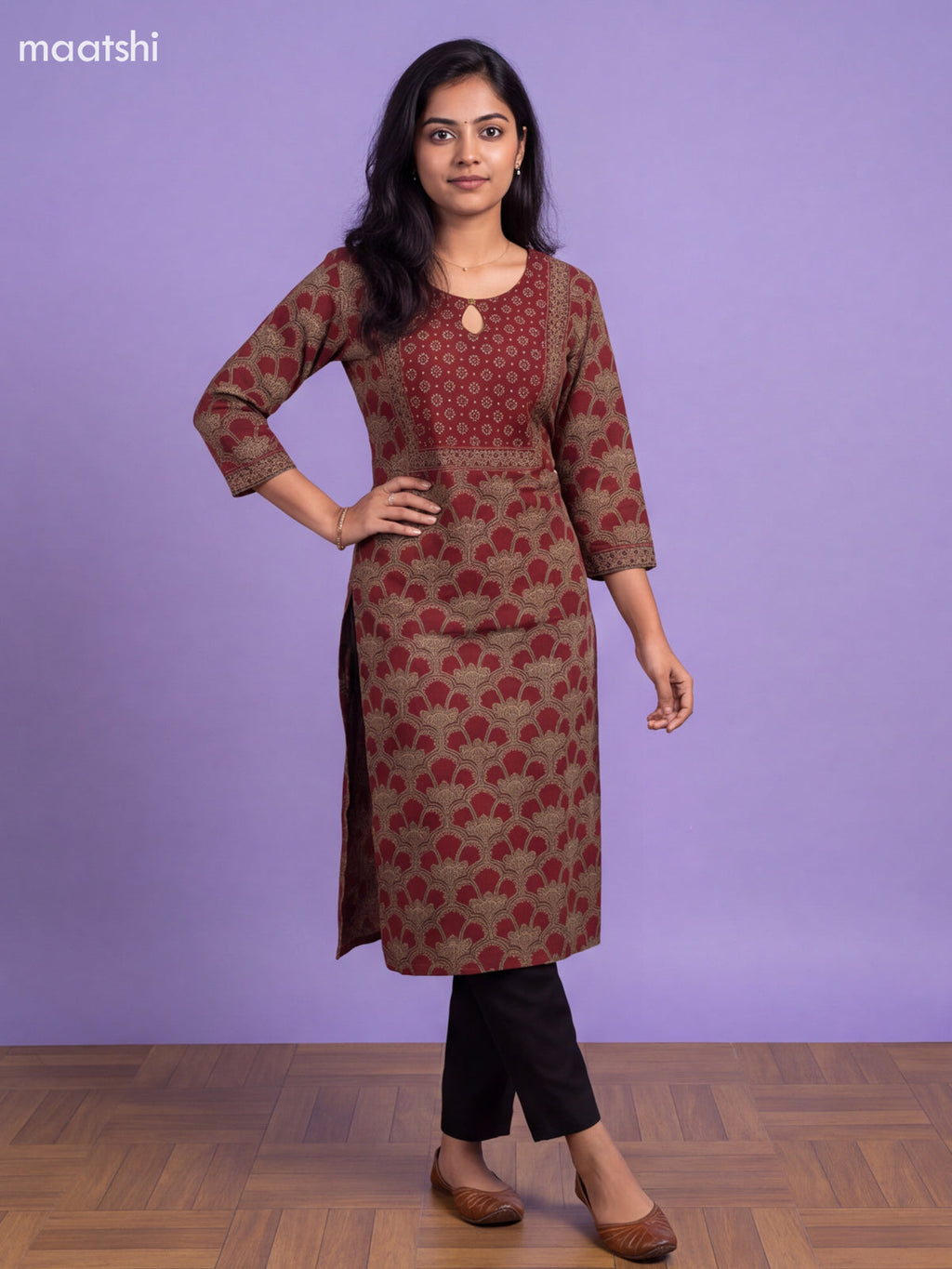 Maroon Cotton Printed Straight Kurti