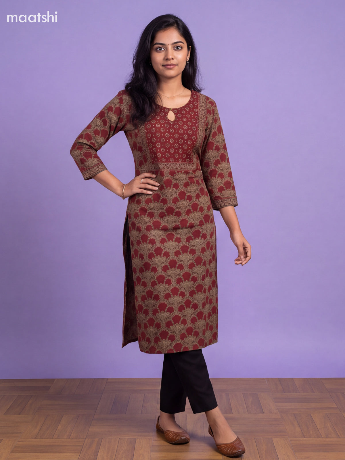 Maroon Cotton Printed Straight Kurti