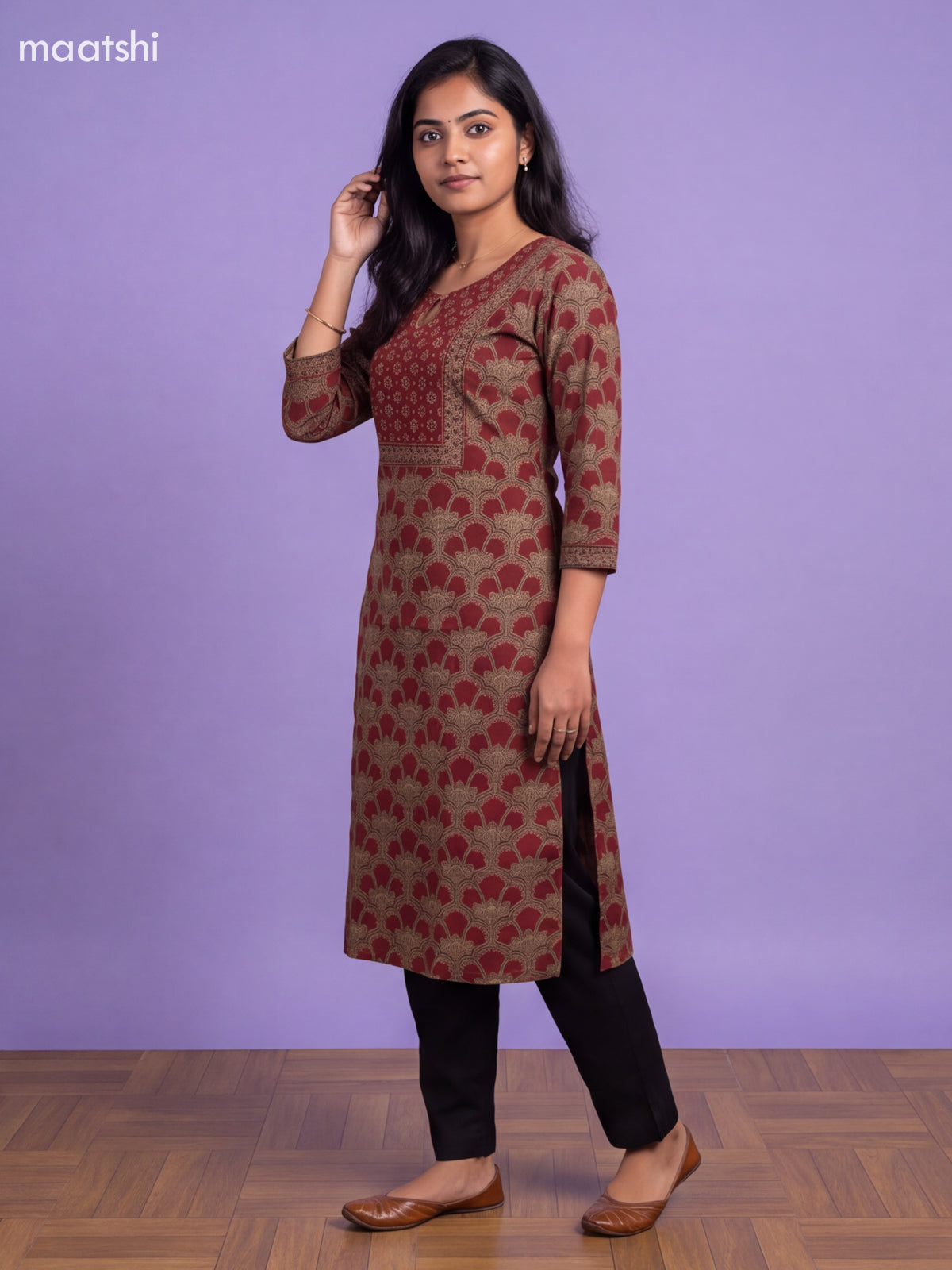 Maroon Cotton Printed Straight Kurti