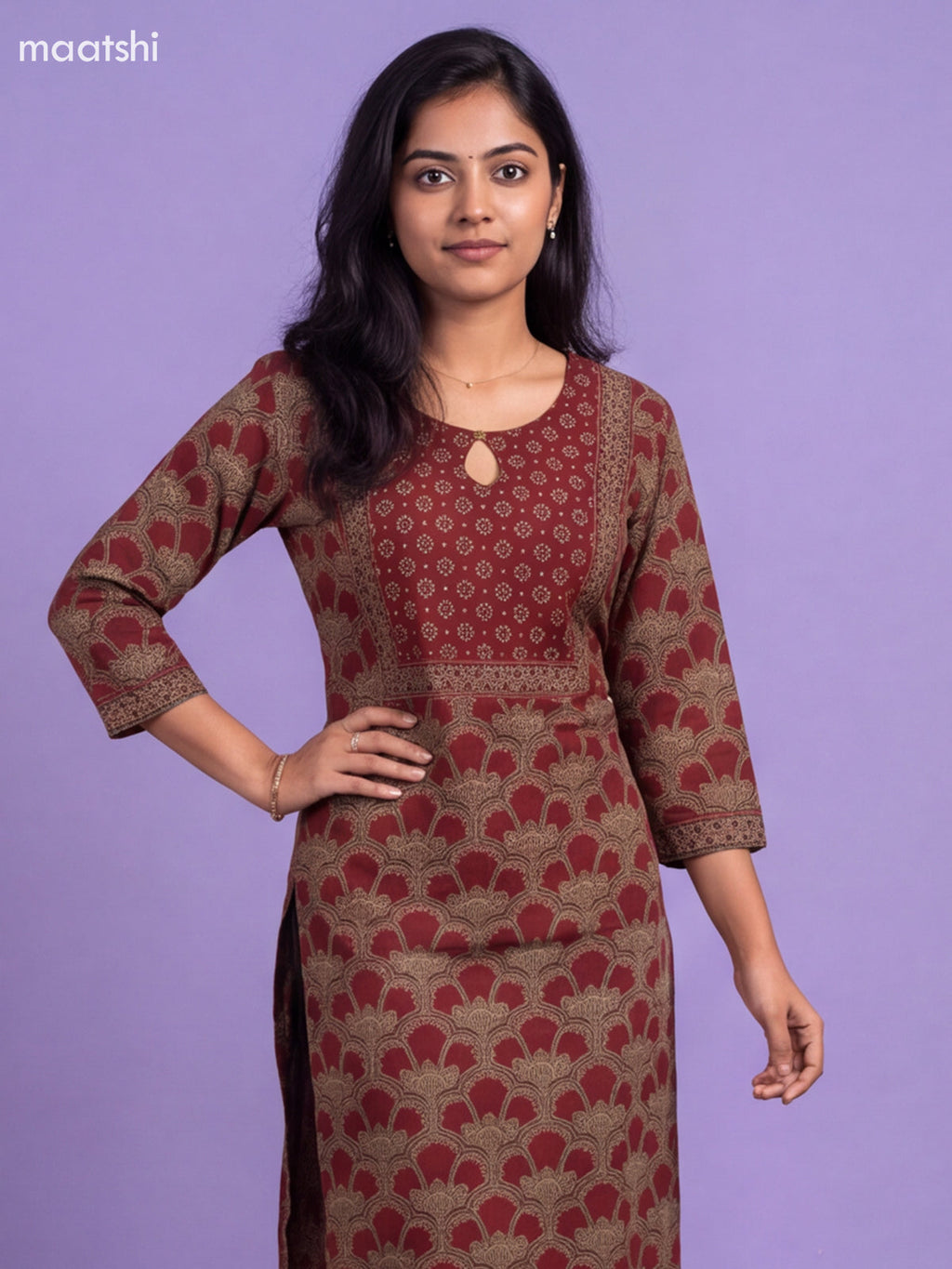 Maroon Cotton Printed Straight Kurti
