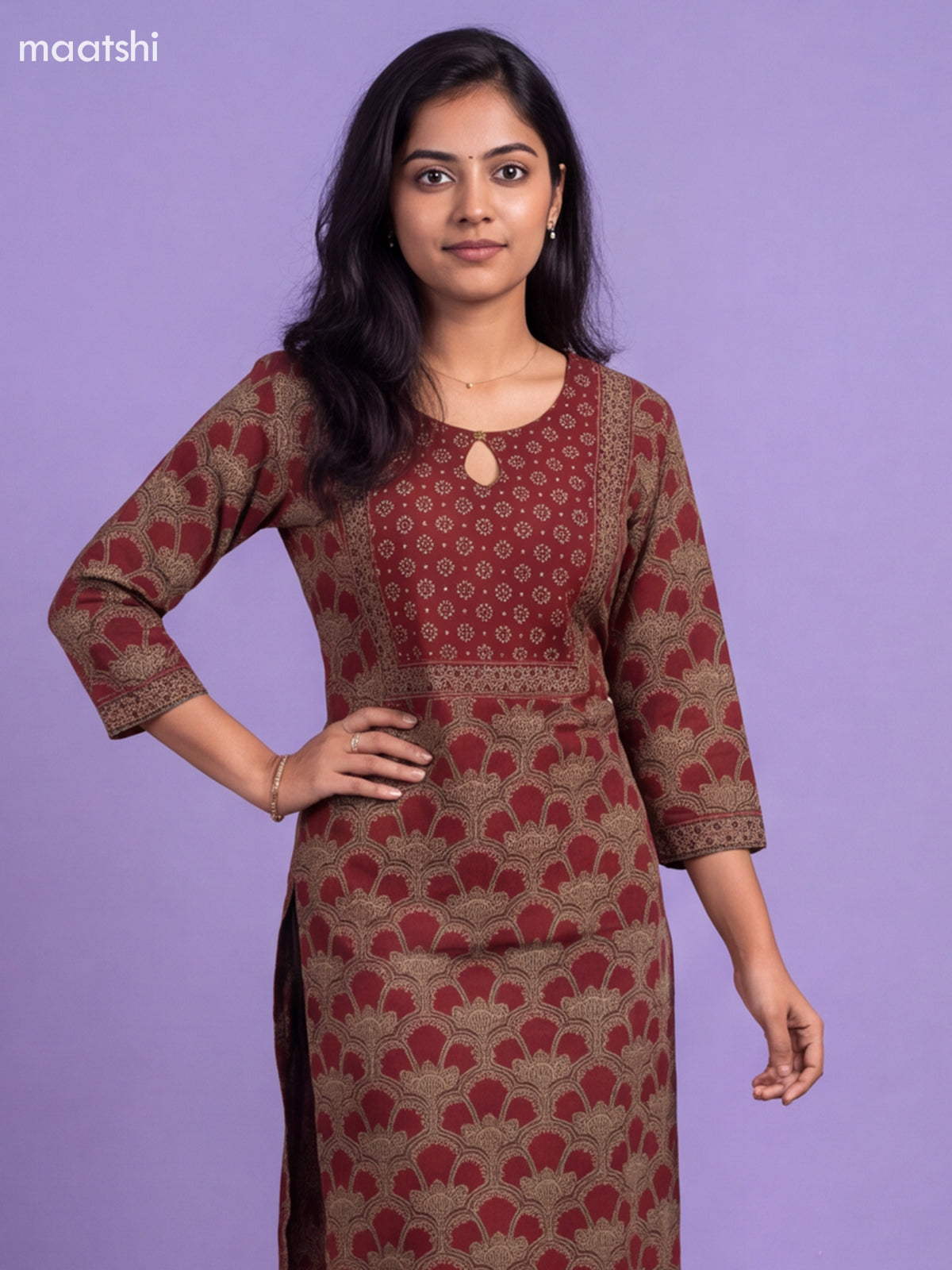 Maroon Cotton Printed Straight Kurti