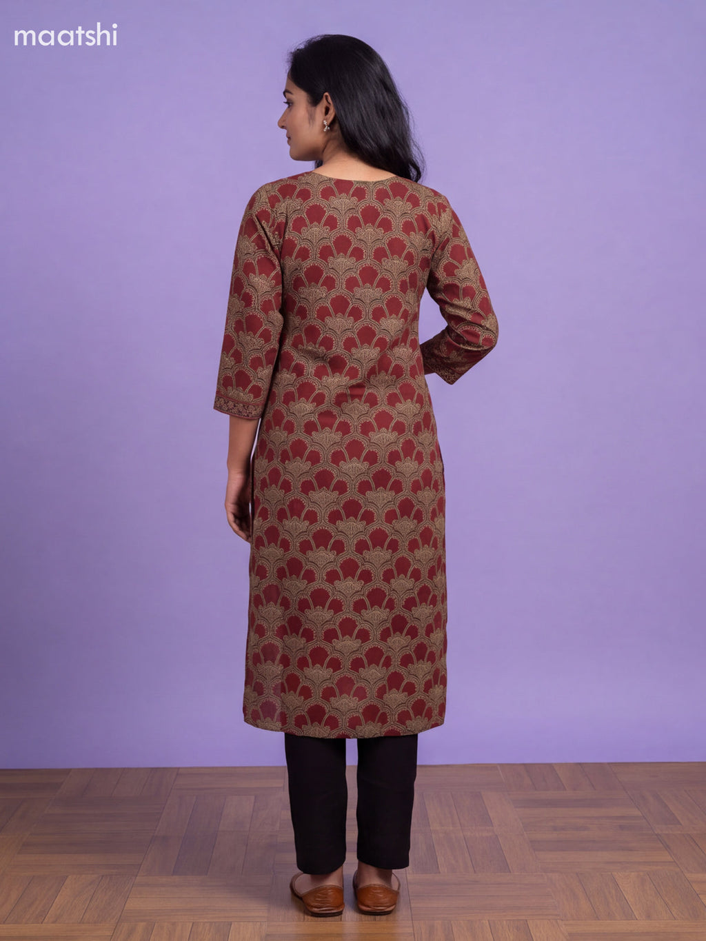 Maroon Cotton Printed Straight Kurti