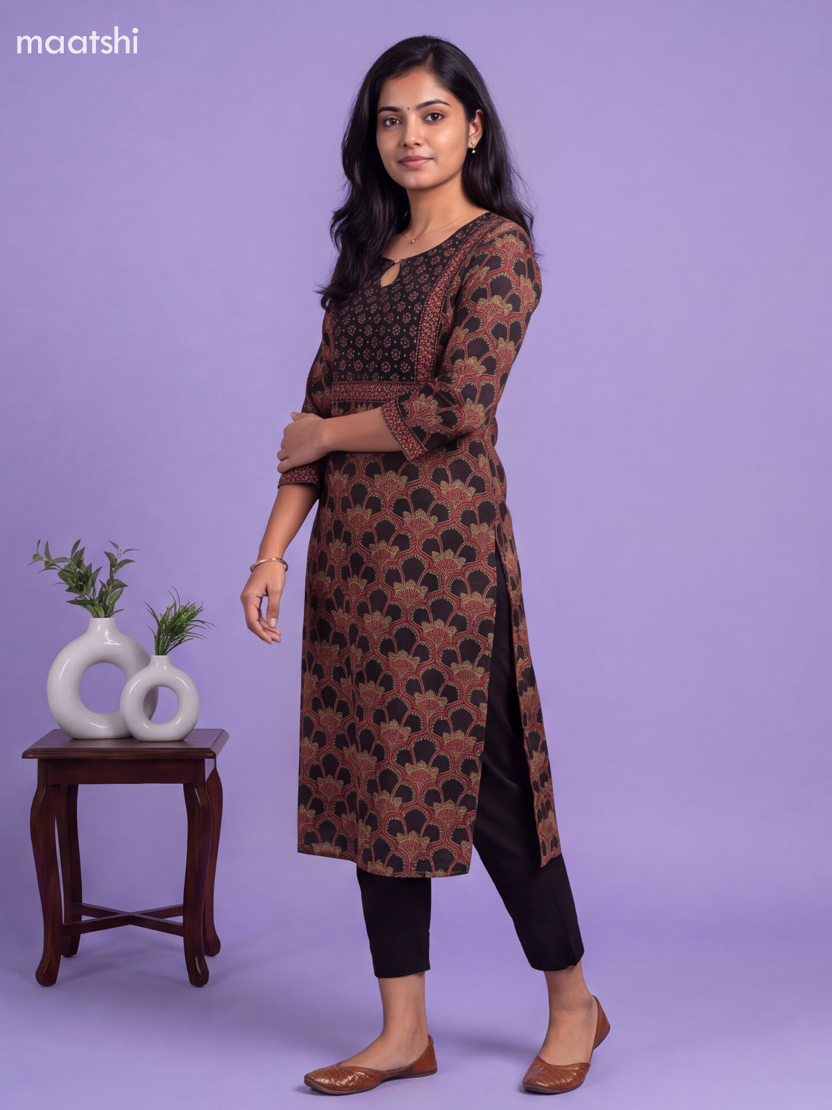 Black Cotton Printed Straight Kurti