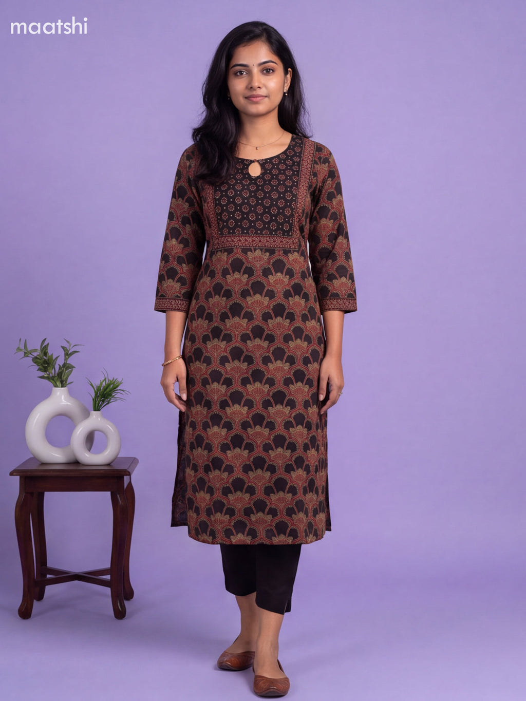Black Cotton Printed Straight Kurti