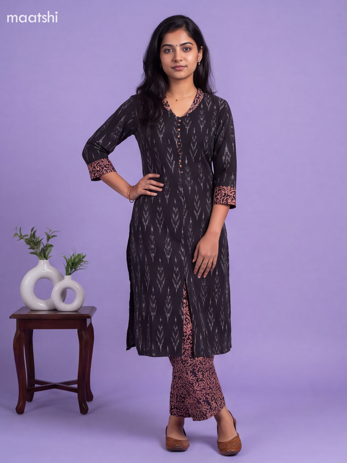 Black Cotton Printed Kurti & Bottom Set