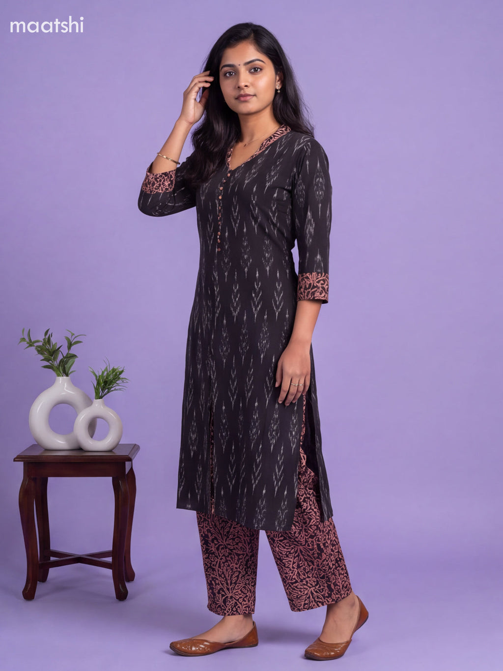 Black Cotton Printed Kurti & Bottom Set