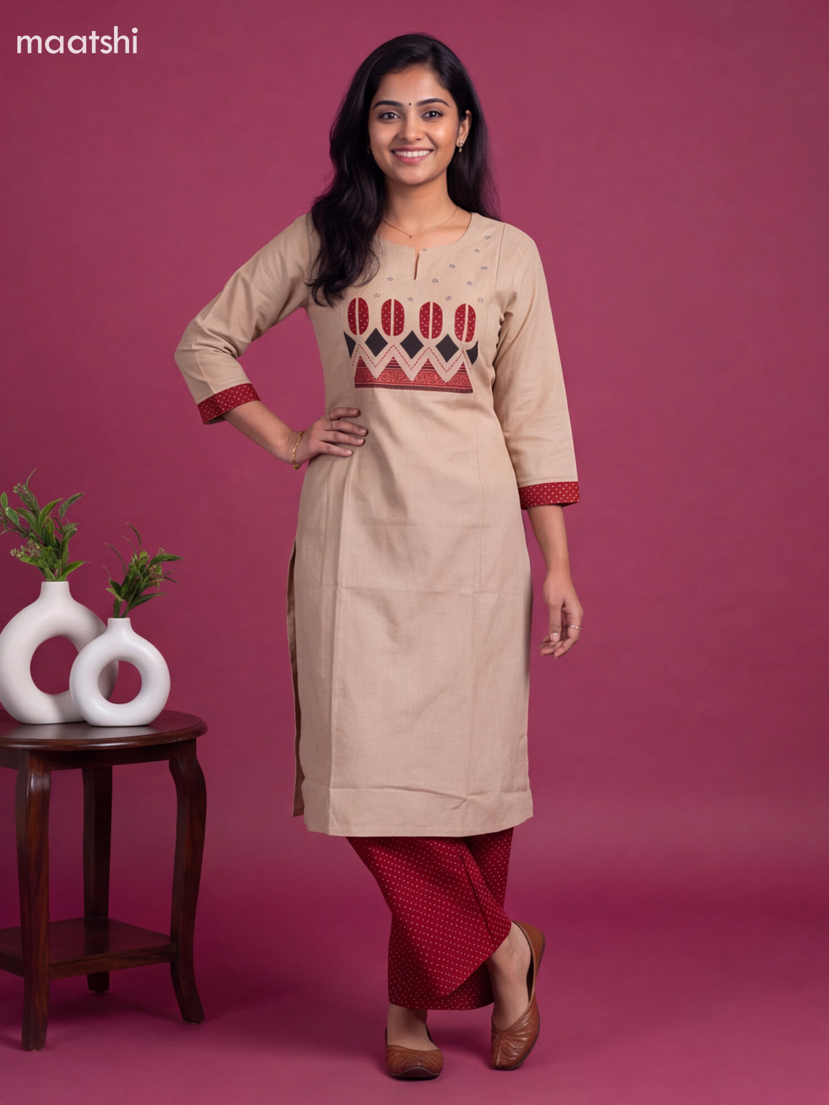 Beige Cotton Embroidery Work Kurti & Bottom Set