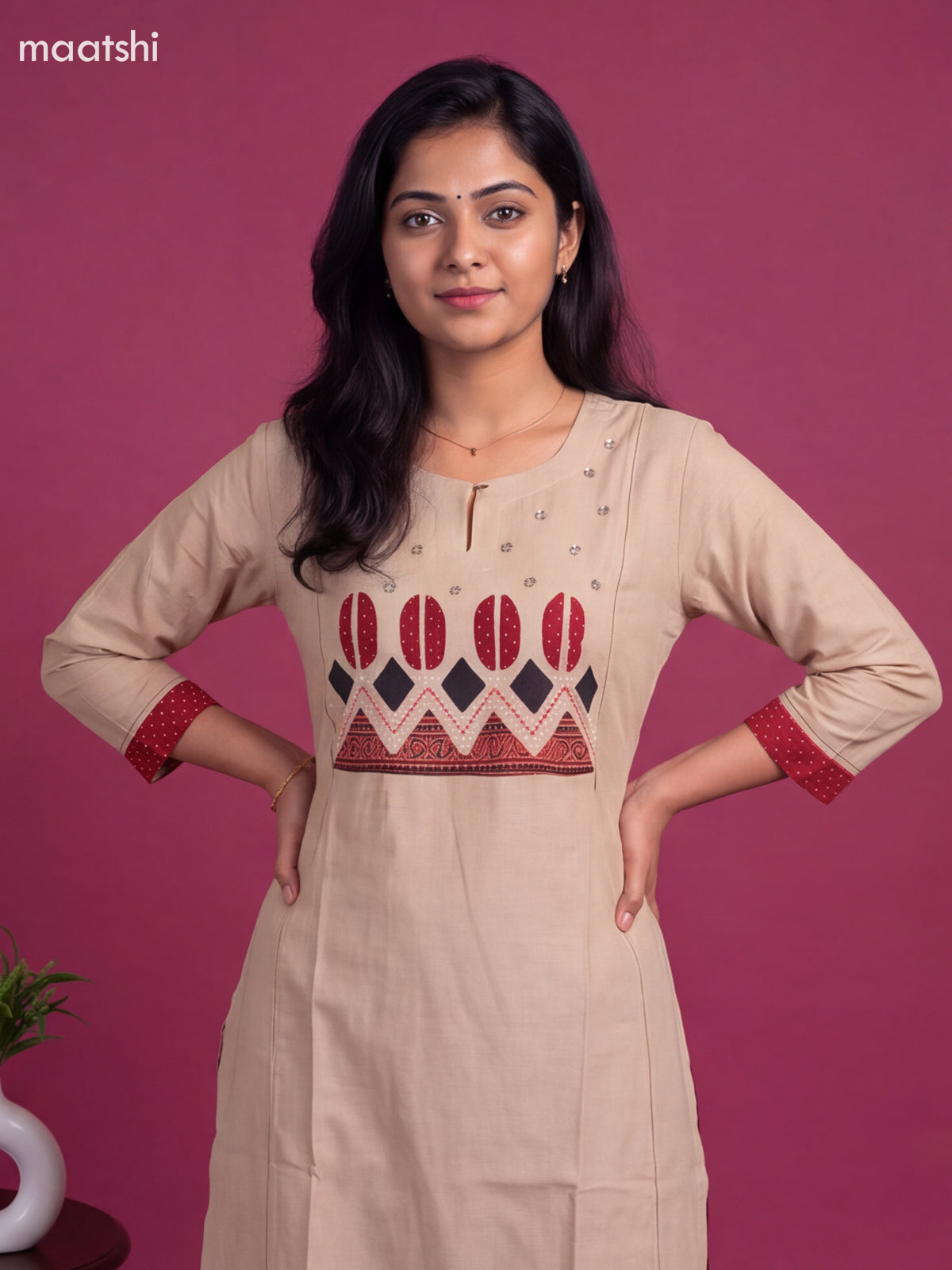 Beige Cotton Embroidery Work Kurti & Bottom Set