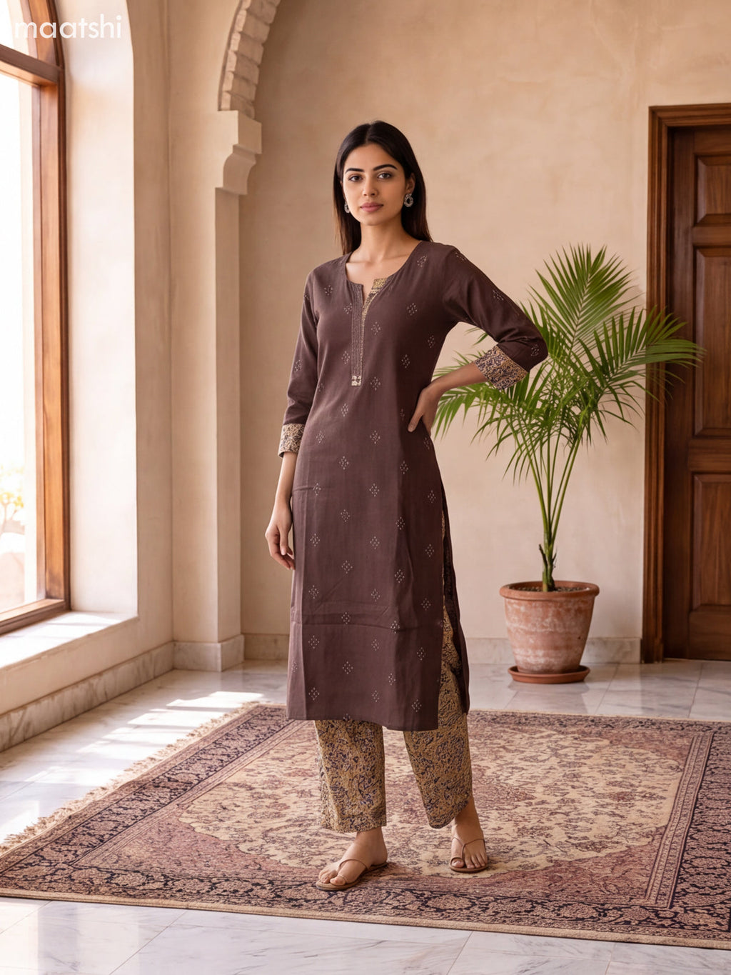 Brown and Multi Colour Cotton Embroidery Work Kurti Set