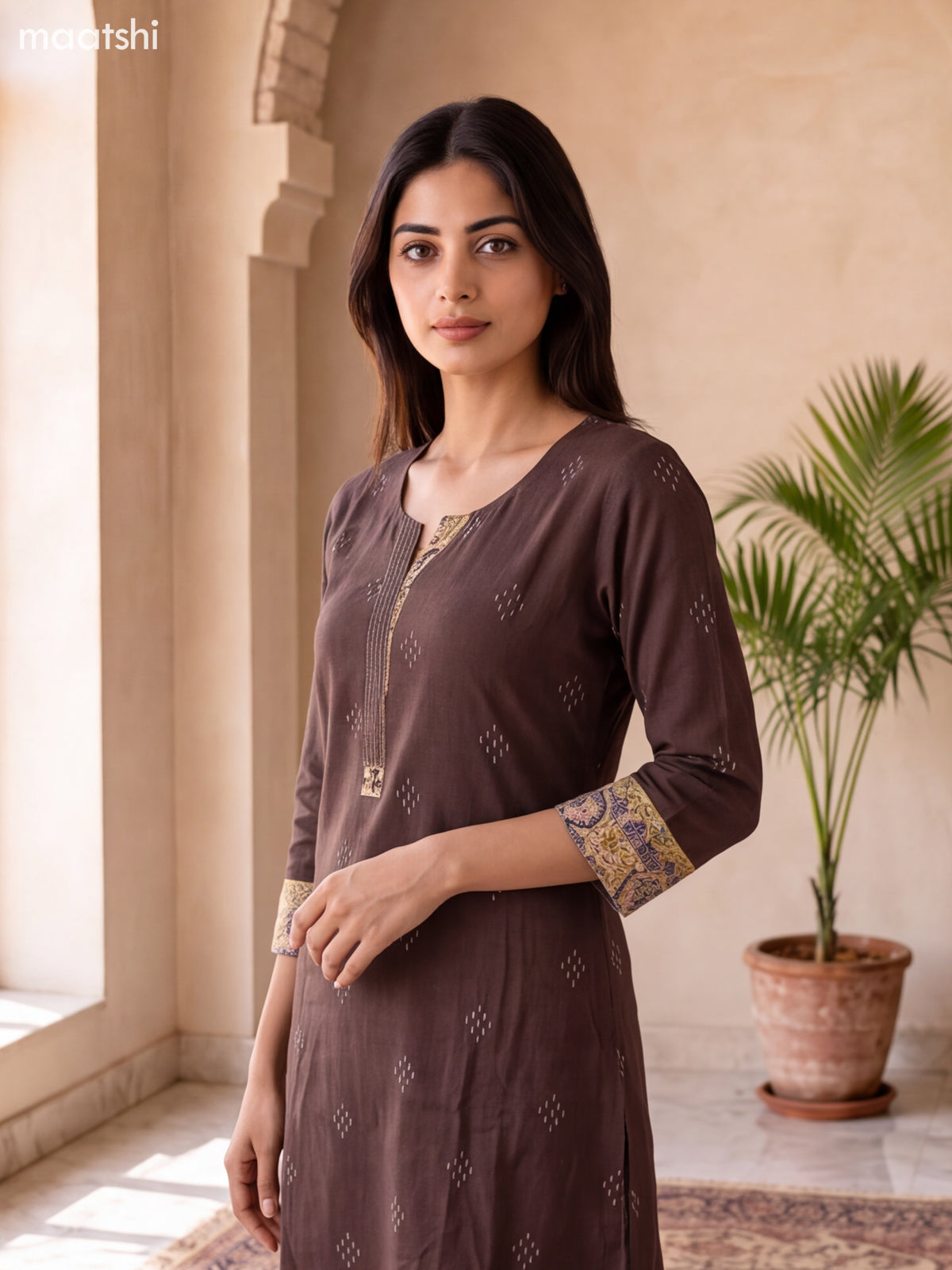 Brown and Multi Colour Cotton Embroidery Work Kurti Set