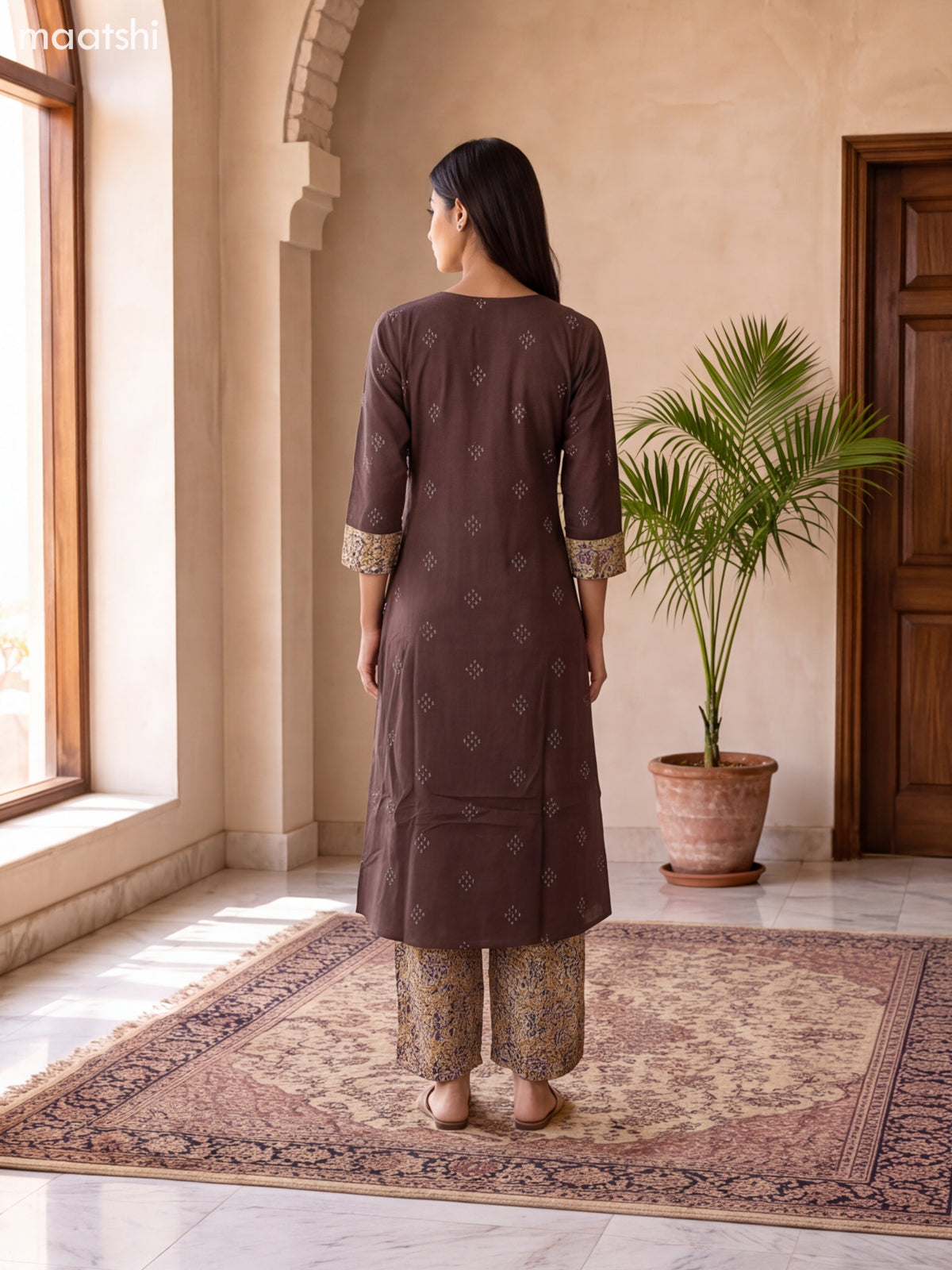 Brown and Multi Colour Cotton Embroidery Work Kurti Set