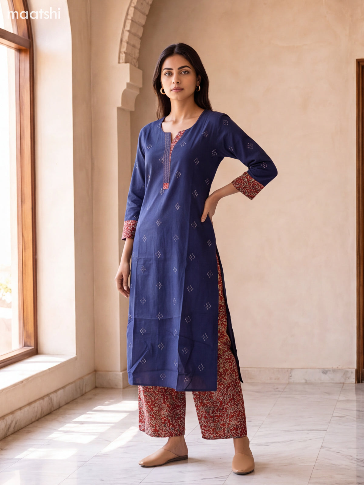 Navy Blue and Multi Colour Cotton Embroidery Work Kurti Set