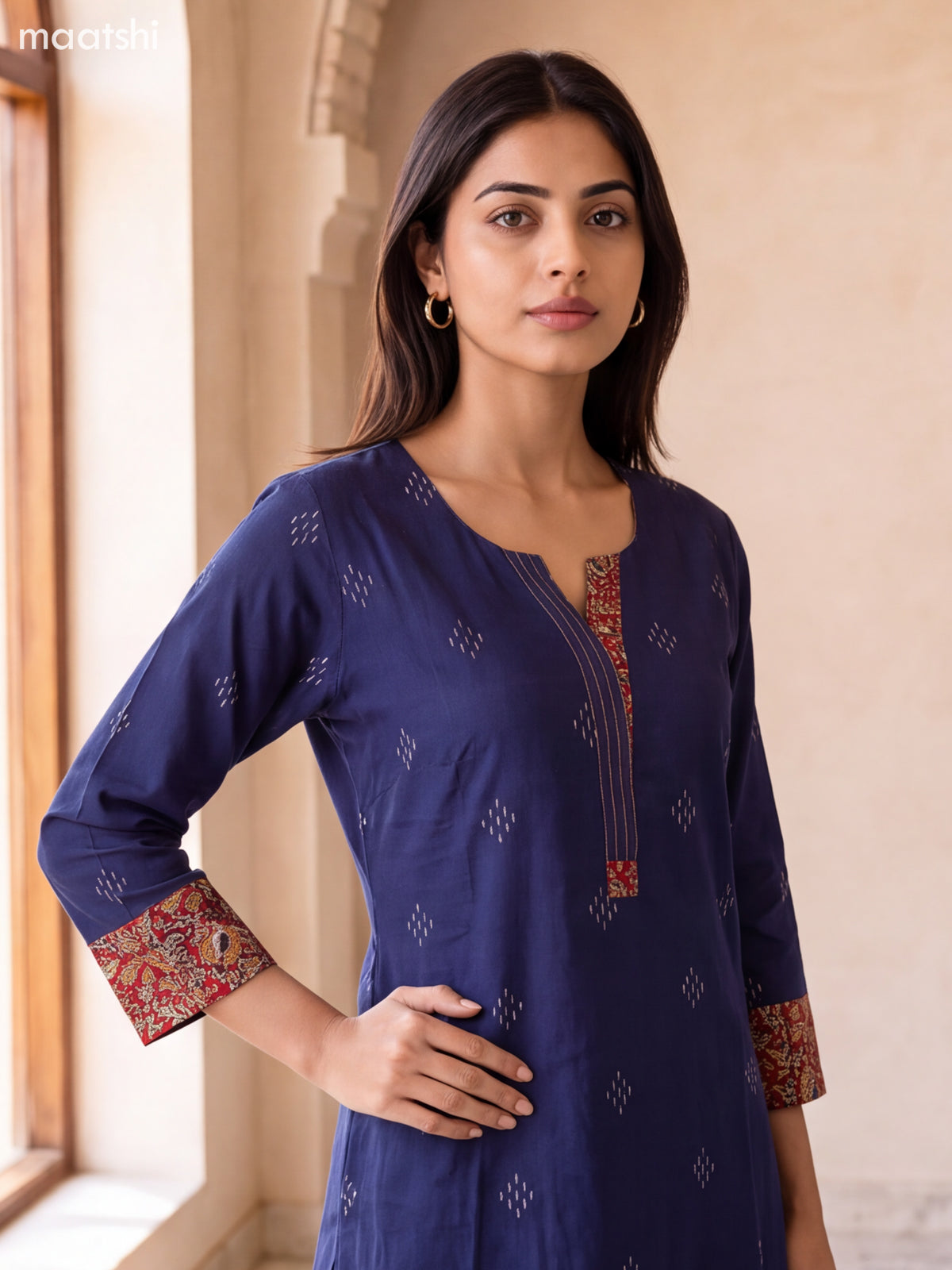 Navy Blue and Multi Colour Cotton Embroidery Work Kurti Set