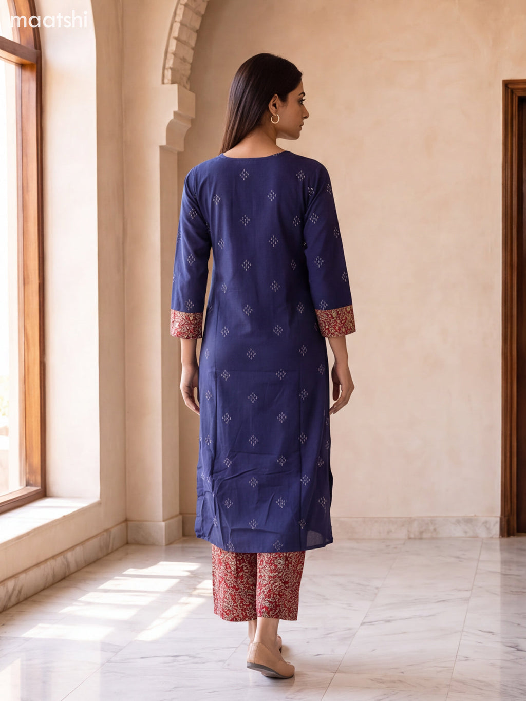 Navy Blue and Multi Colour Cotton Embroidery Work Kurti Set