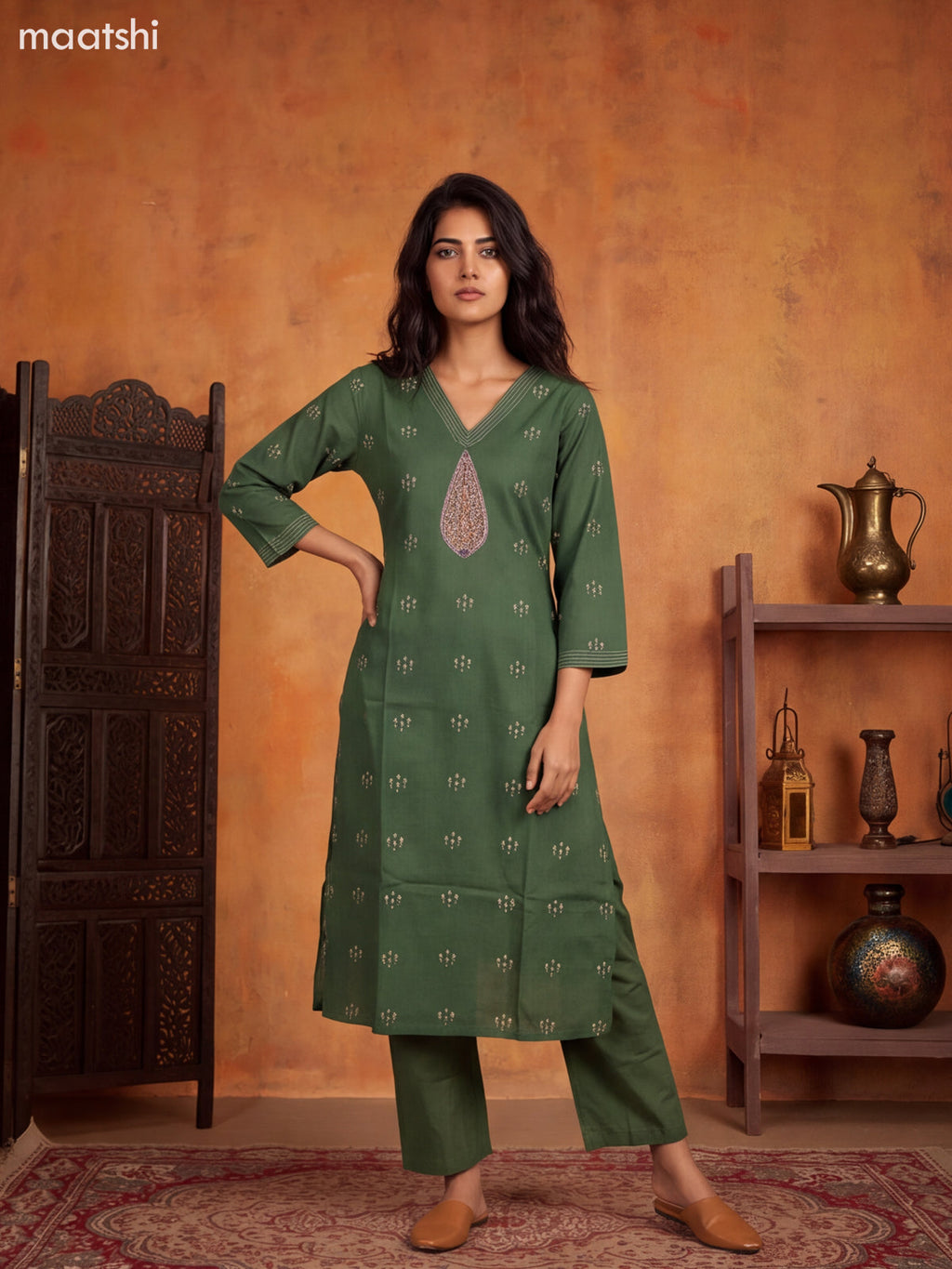 Green Cotton Embroidery Work Kurti Set