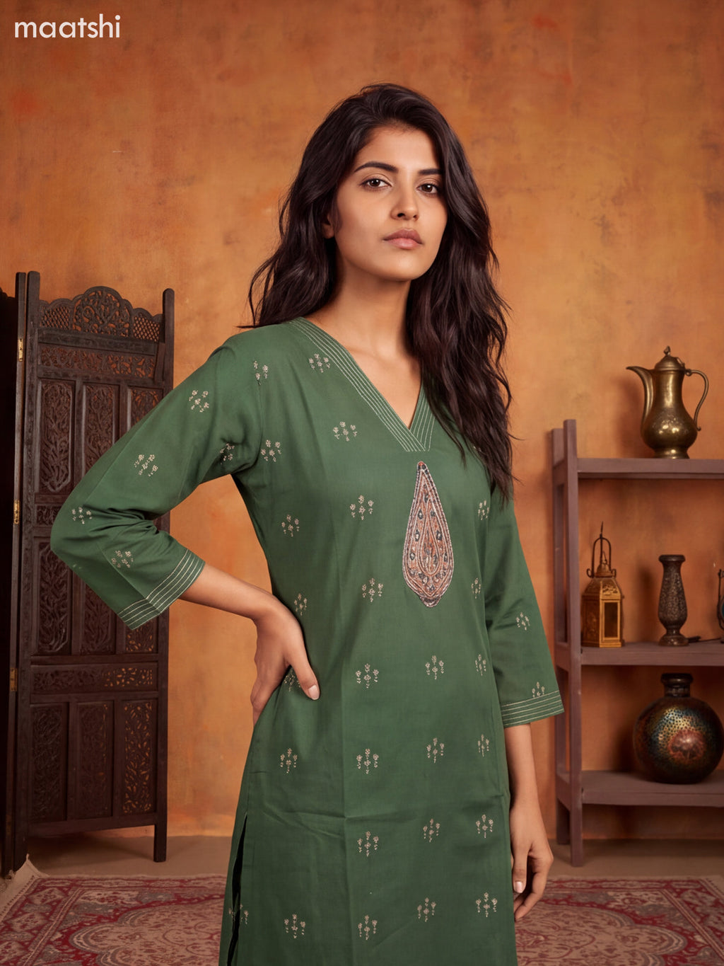 Green Cotton Embroidery Work Kurti Set