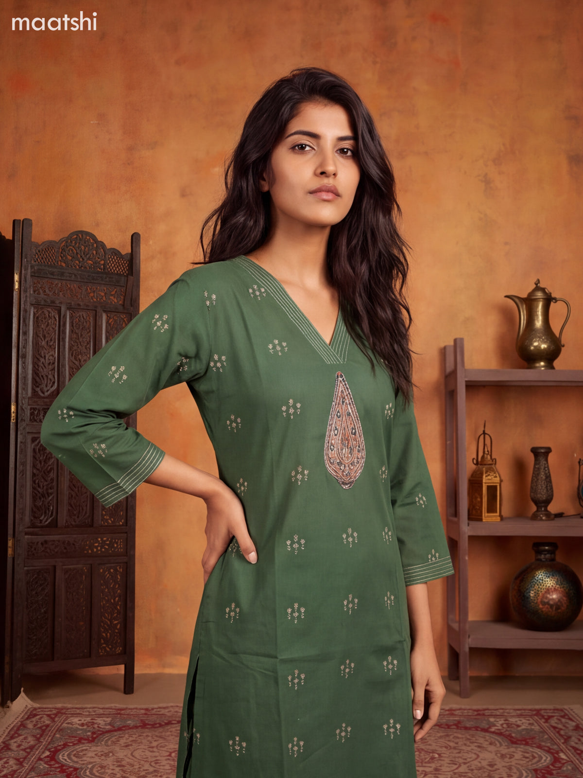 Green Cotton Embroidery Work Kurti Set