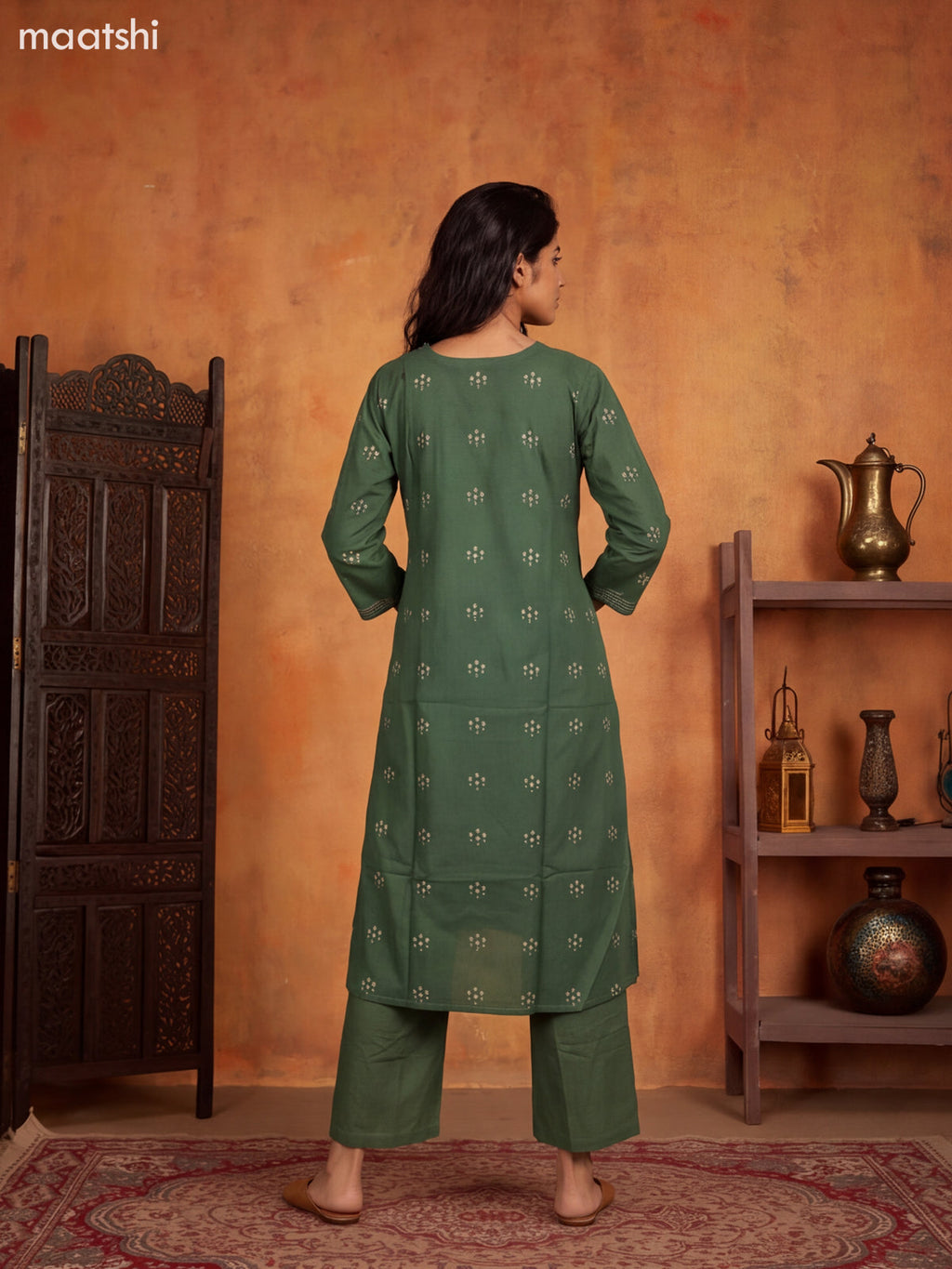 Green Cotton Embroidery Work Kurti Set