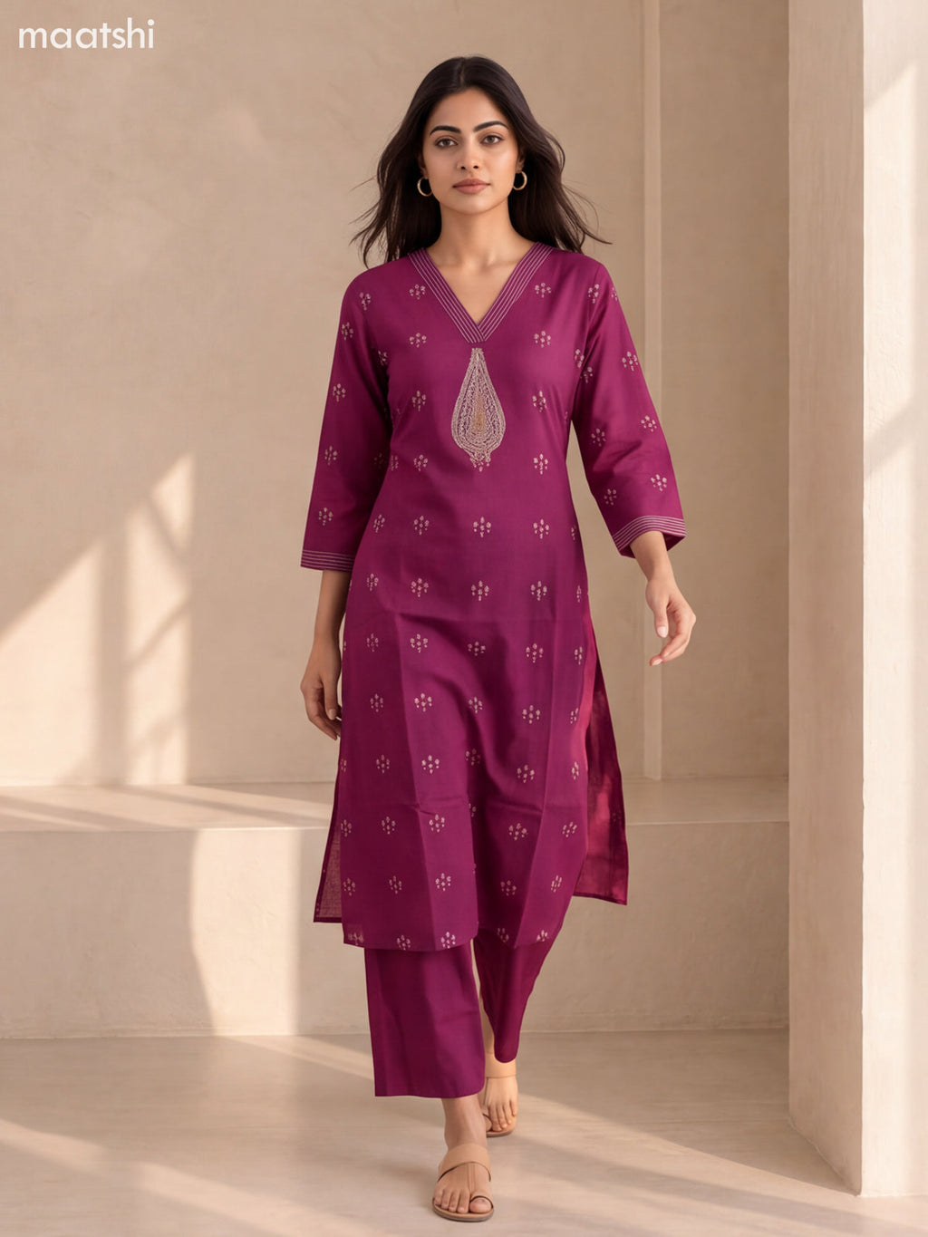 Purple Cotton Embroidery Work Kurti Set