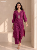 Purple Cotton Embroidery Work Kurti Set