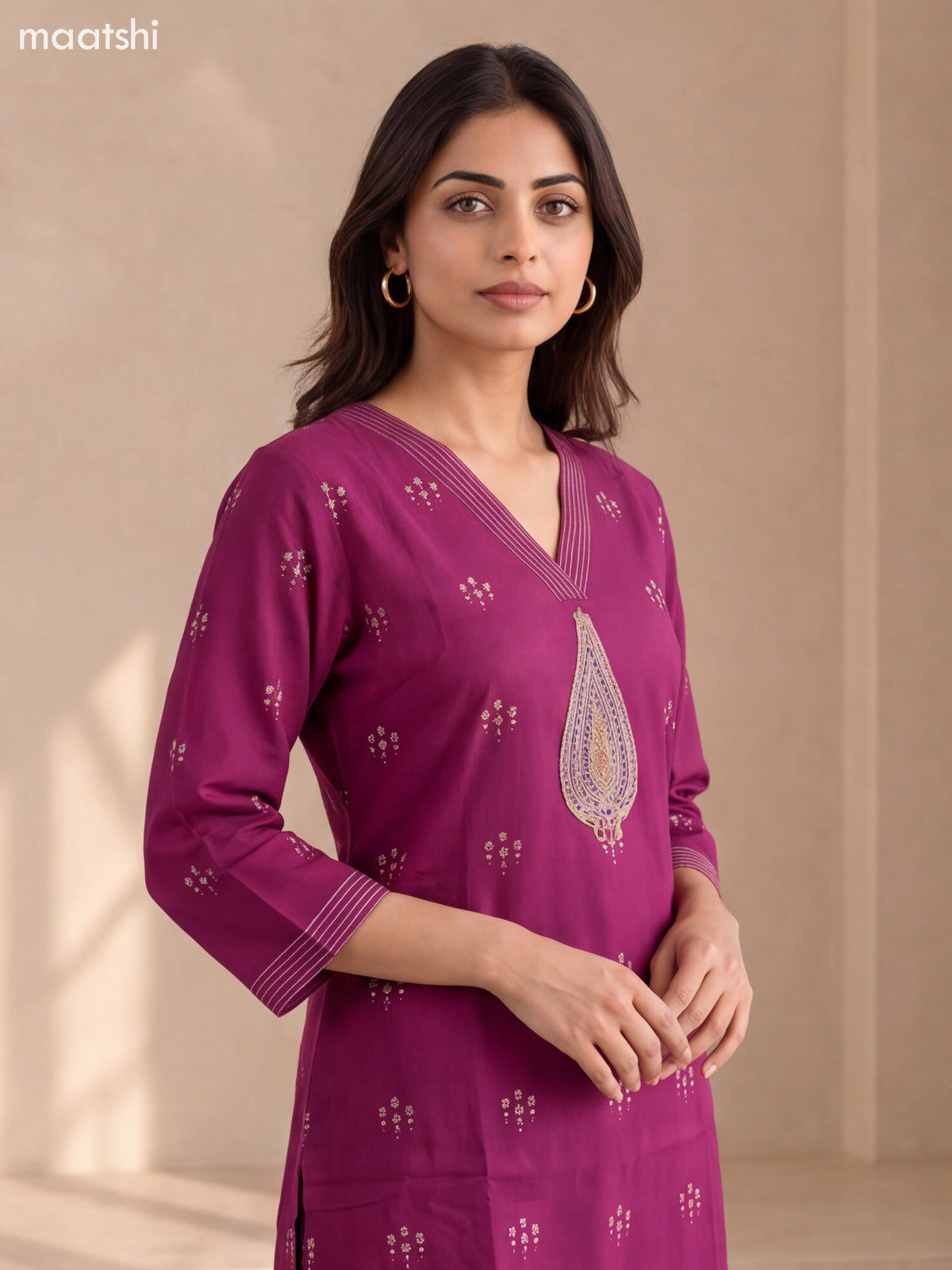 Purple Cotton Embroidery Work Kurti Set