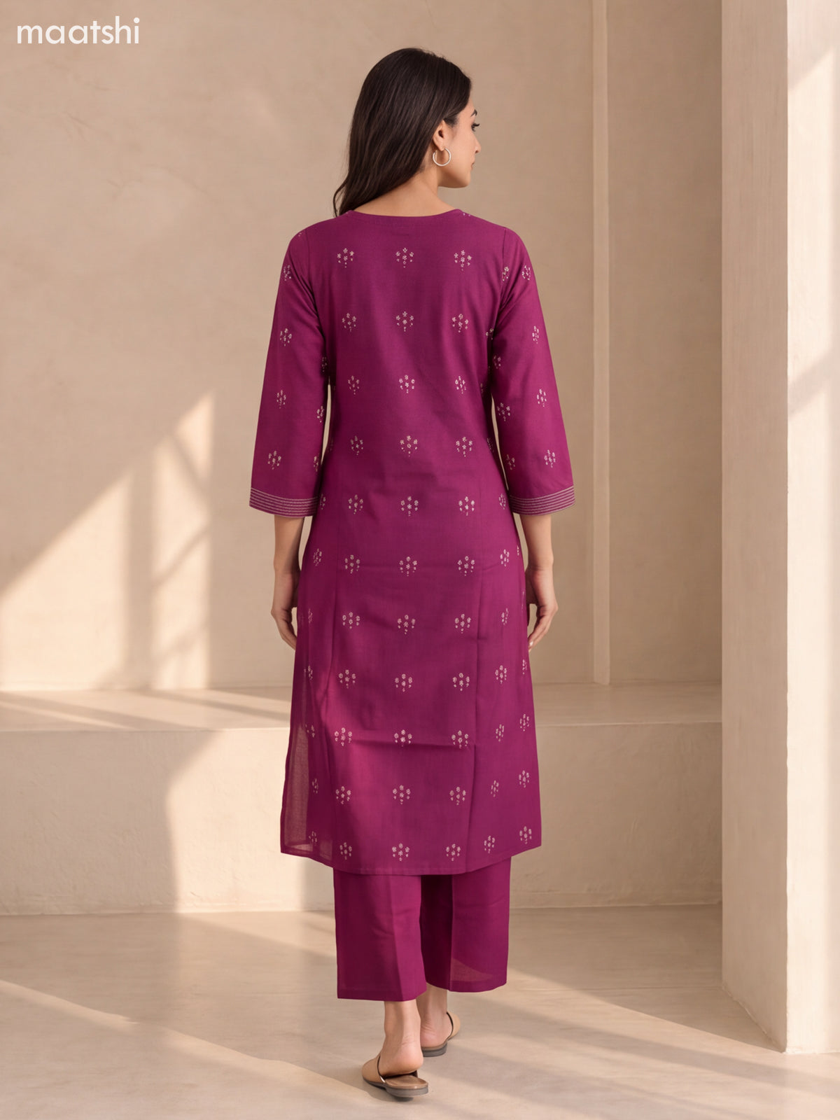 Purple Cotton Embroidery Work Kurti Set