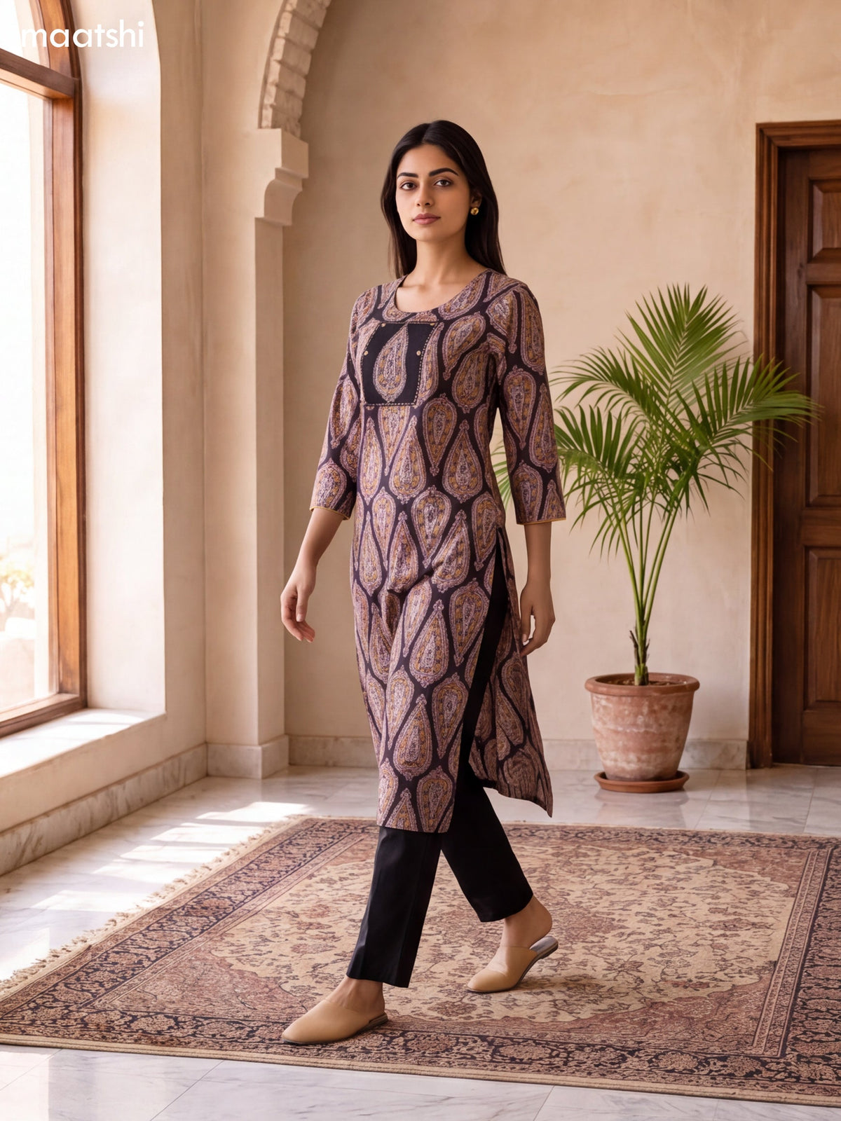 Black and Biege Cotton Printed & Simple Embroidery Work Straight Kurti